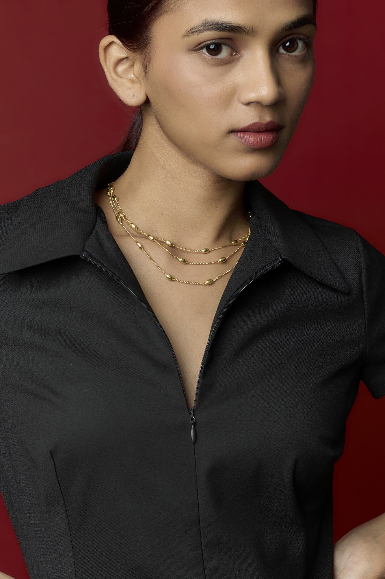 14k Gold Plated Beaded Layered Necklace.