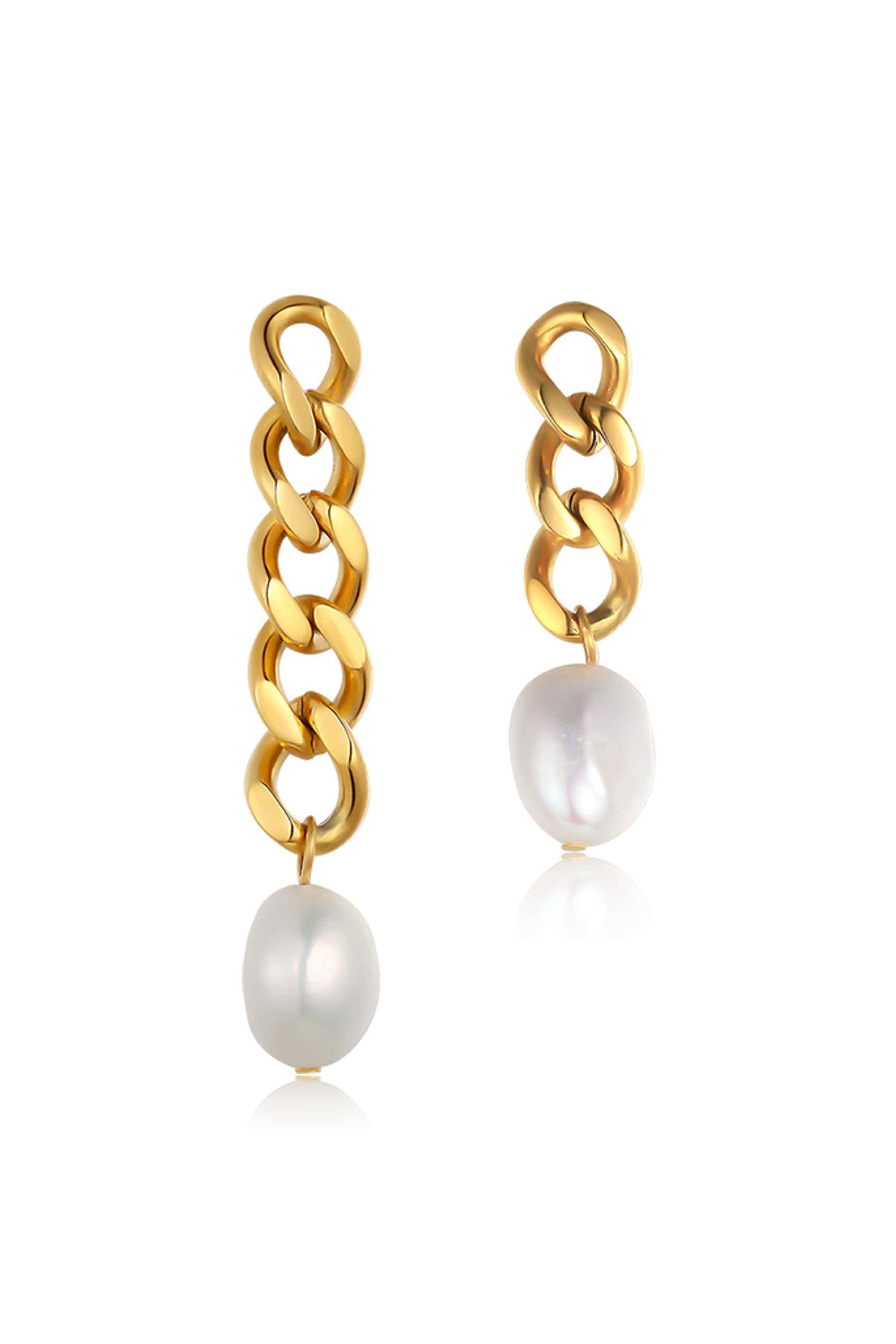 18k Assymetric Chain Link and Pearl Earrings