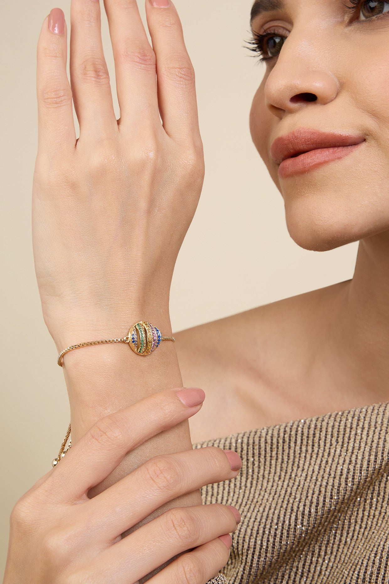 18Kt Gold Plated Disco Ball Bolo Bracelet