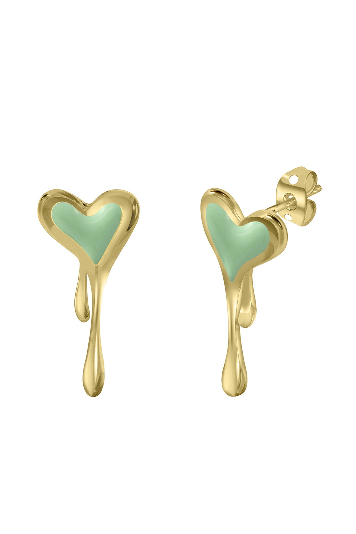 Enamel Melting Heart Earrings in Olive Green