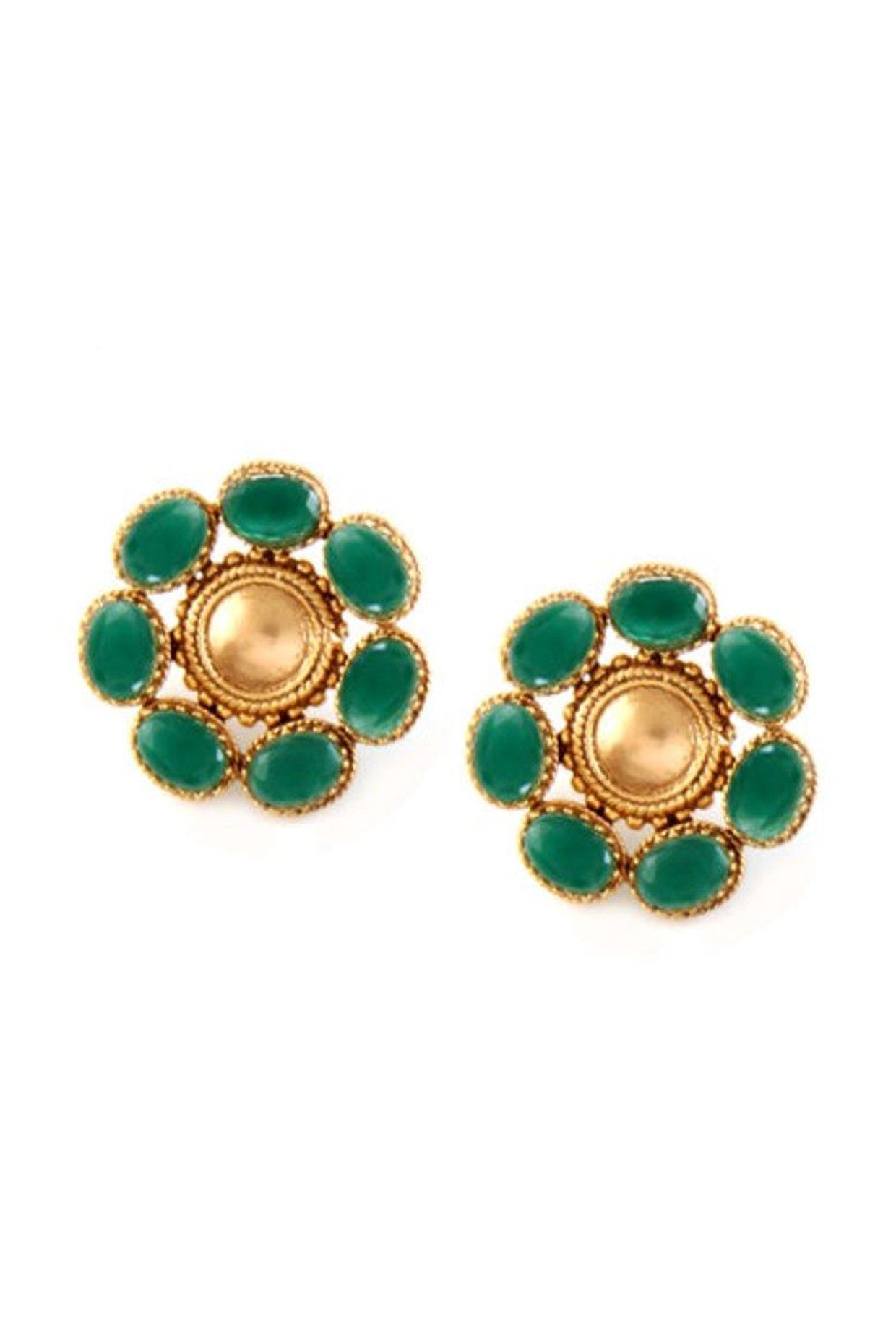 22kt Gold Plated Circle Stud Earrings with Green Crystals