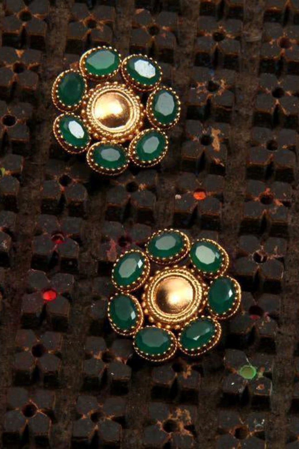 22kt Gold Plated Circle Stud Earrings with Green Crystals