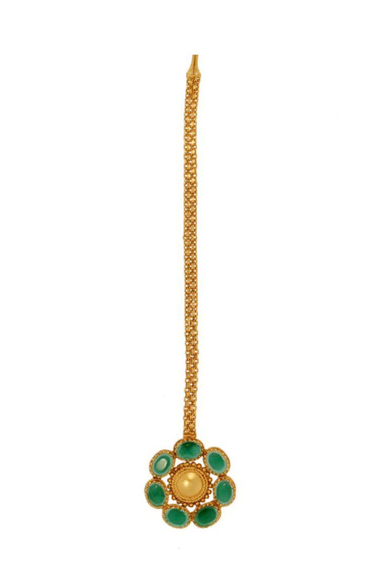 22kt Gold Plated Flat Chain Green Crystal Maangtika