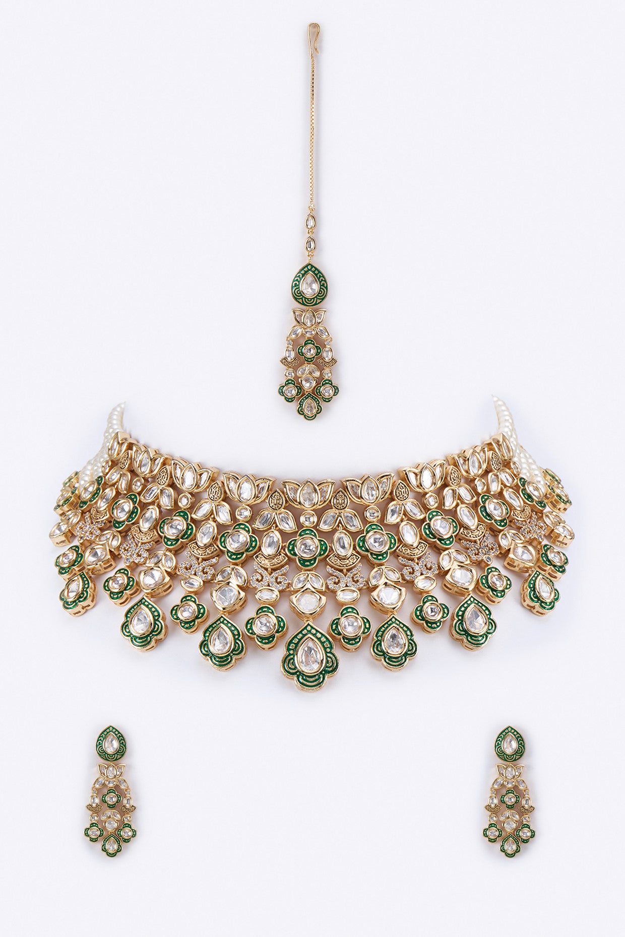 22kt Gold Plated Green Kundan Necklace Set