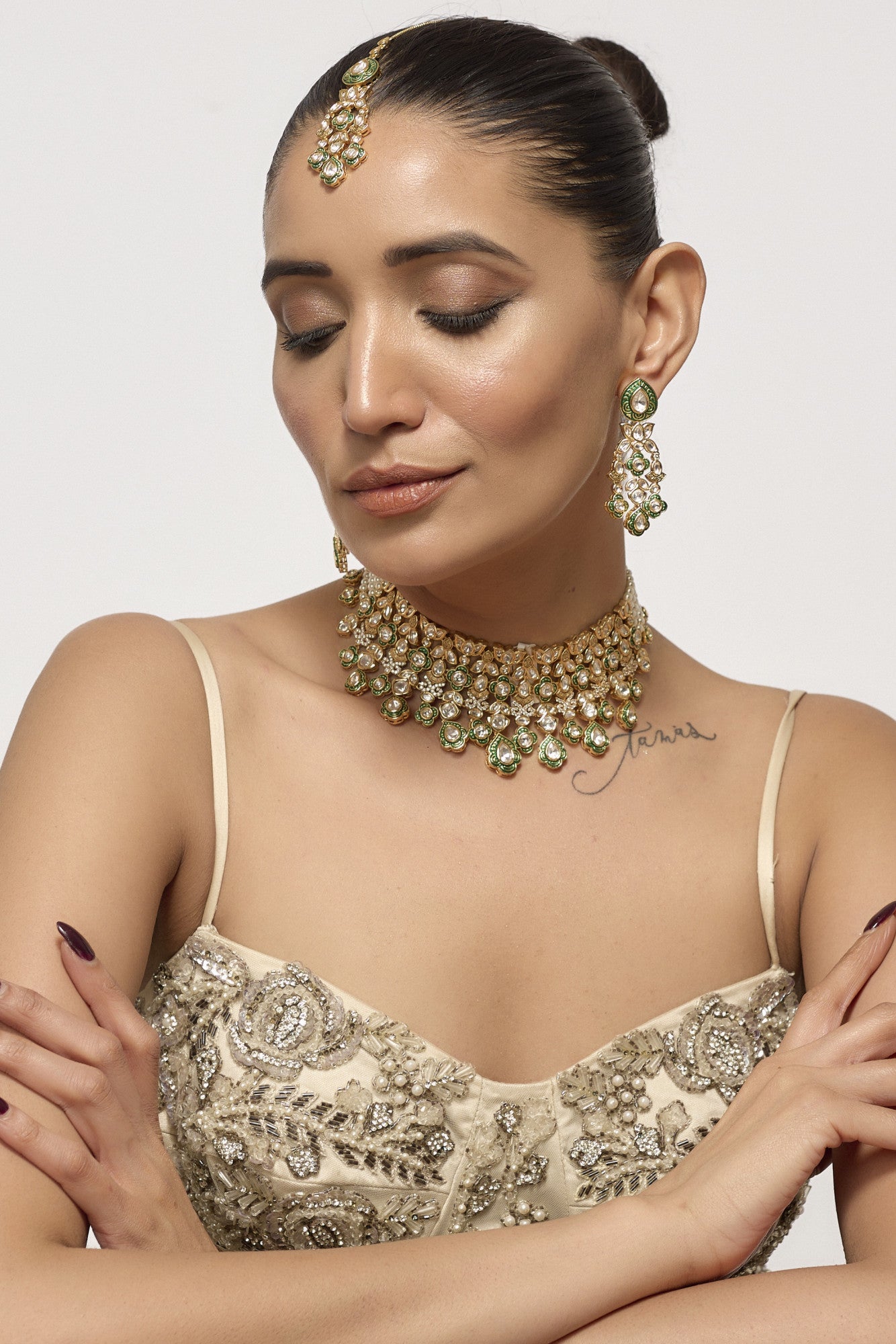 22kt Gold Plated Green Kundan Necklace Set