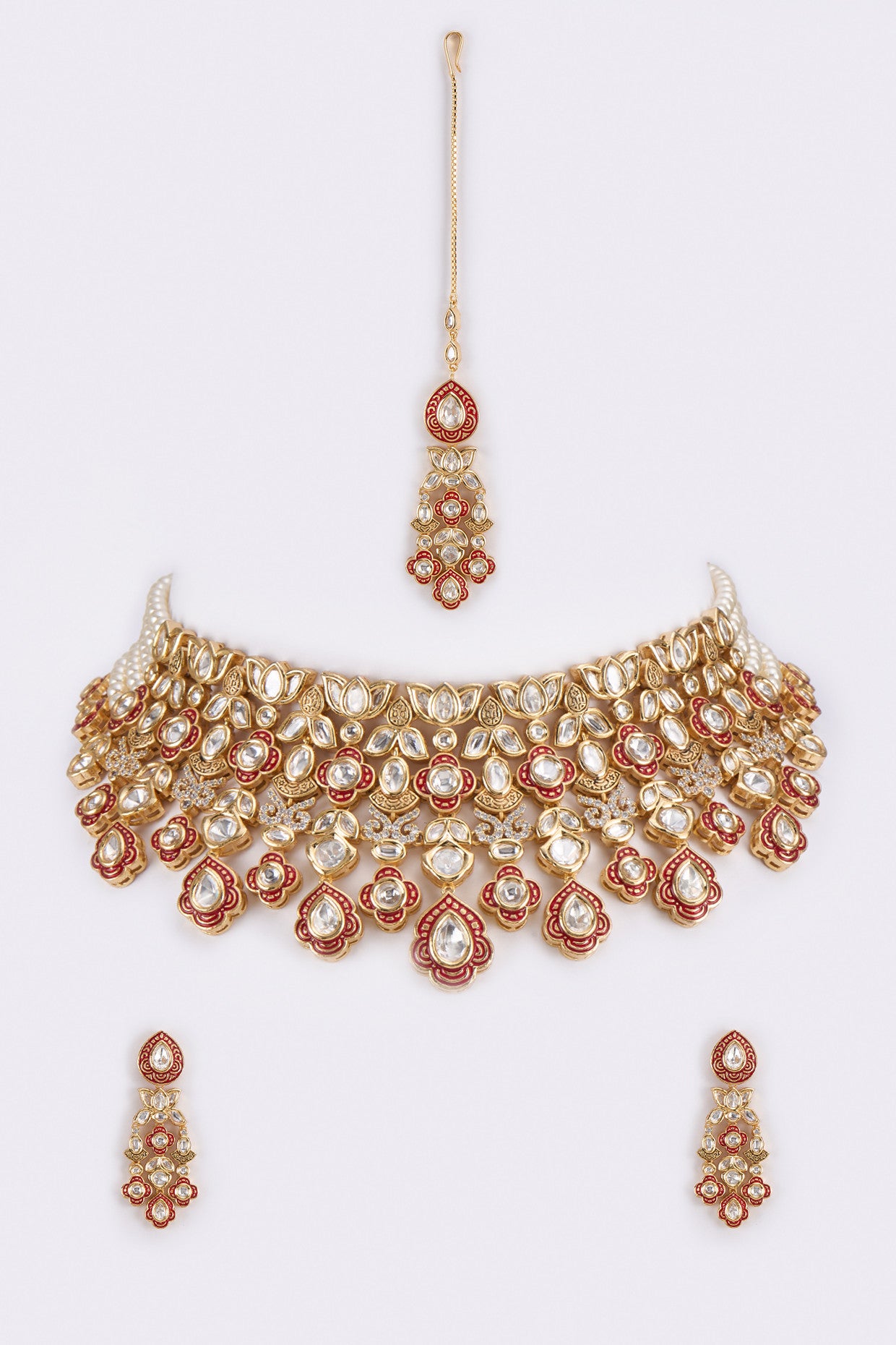 22kt Gold Plated Red Kundan Polki Necklace Set