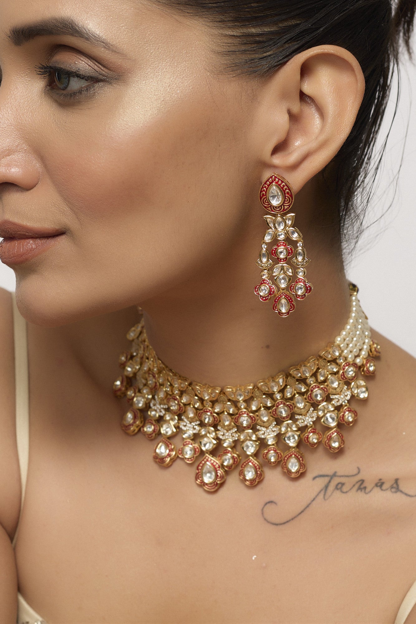 22kt Gold Plated Red Kundan Polki Necklace Set