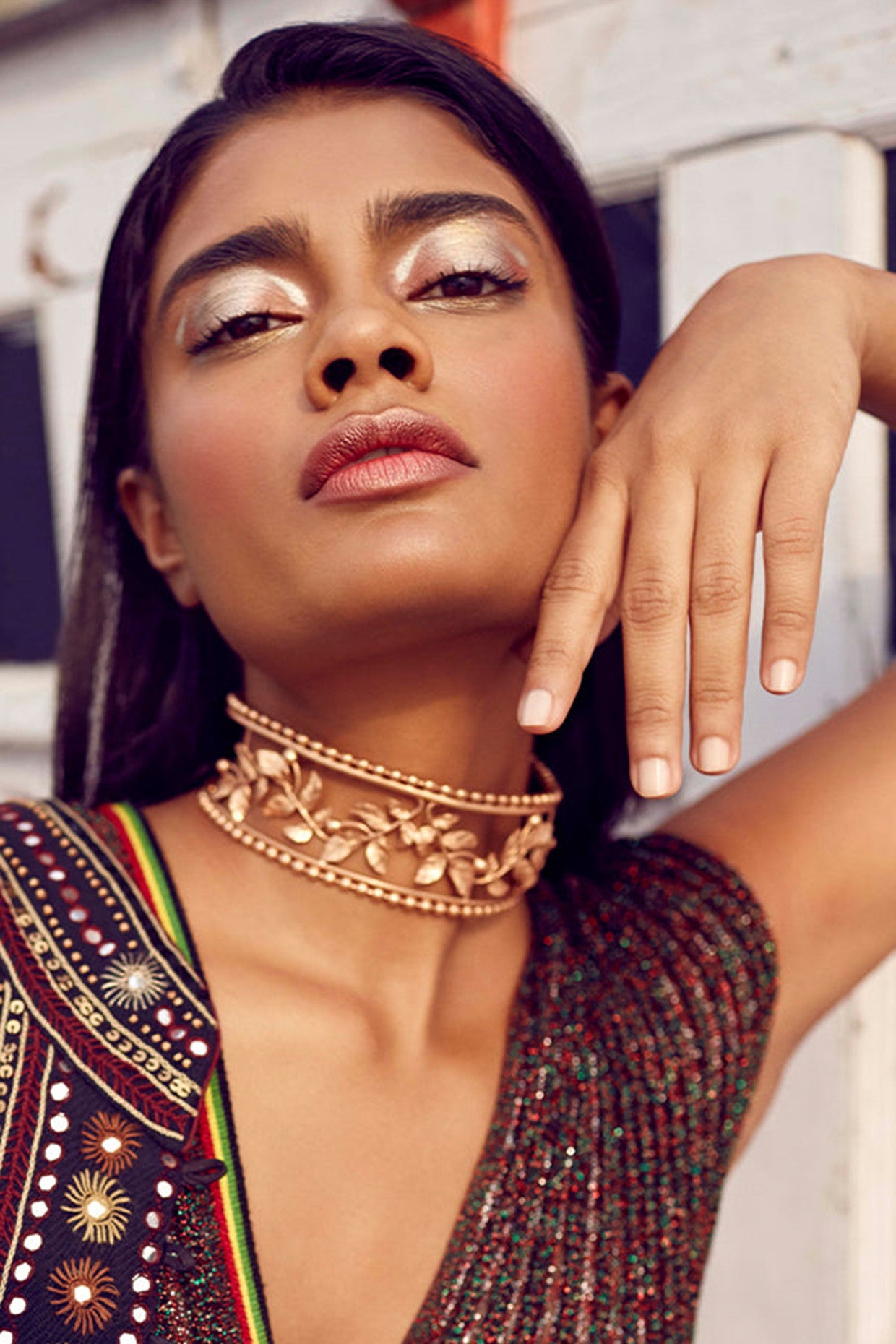 22kt Gold Plated Toned Ball Chain Choker with Serrated Leaves