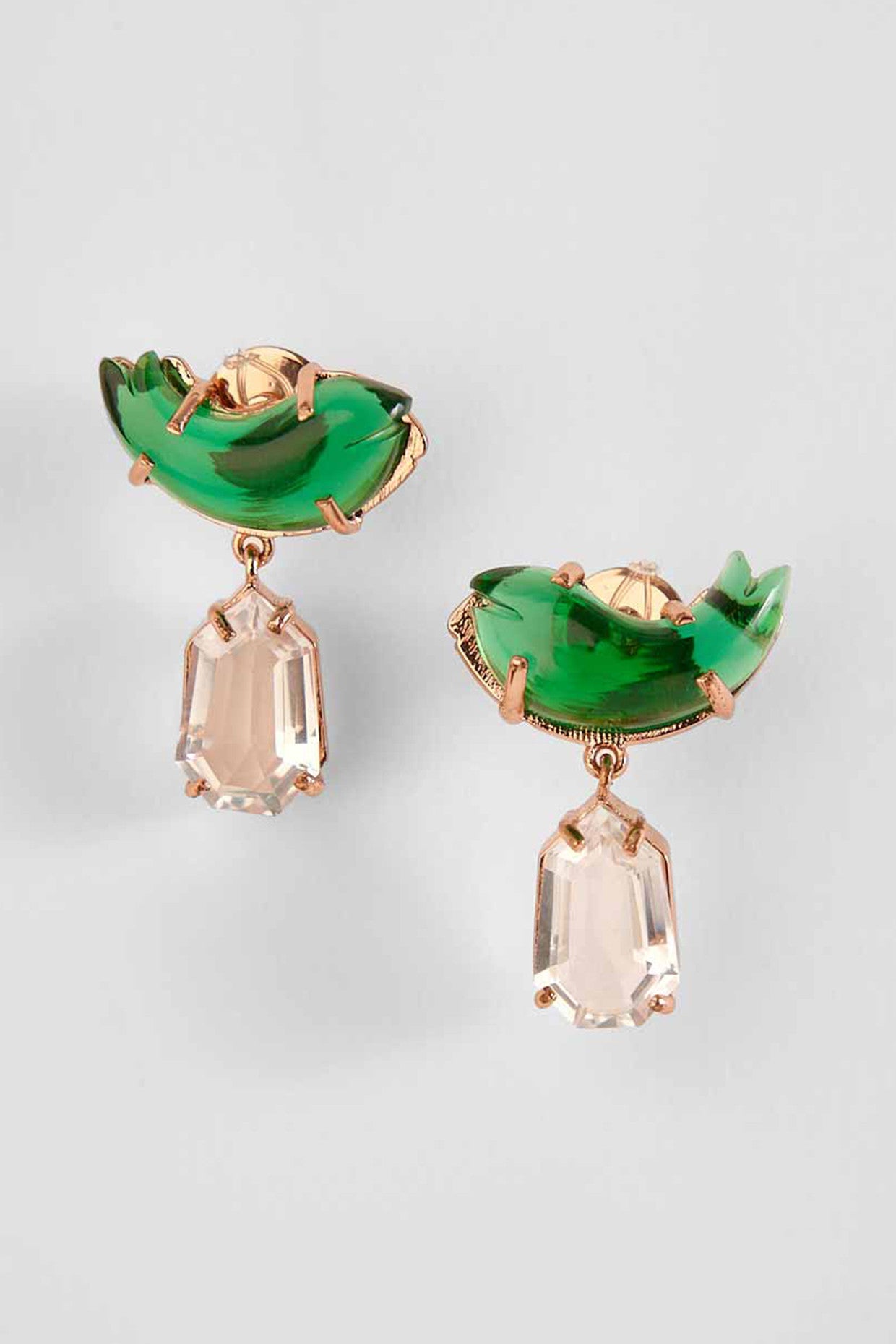 22kt Rose Gold Plated Jade Green and Crystal Drop Earrings