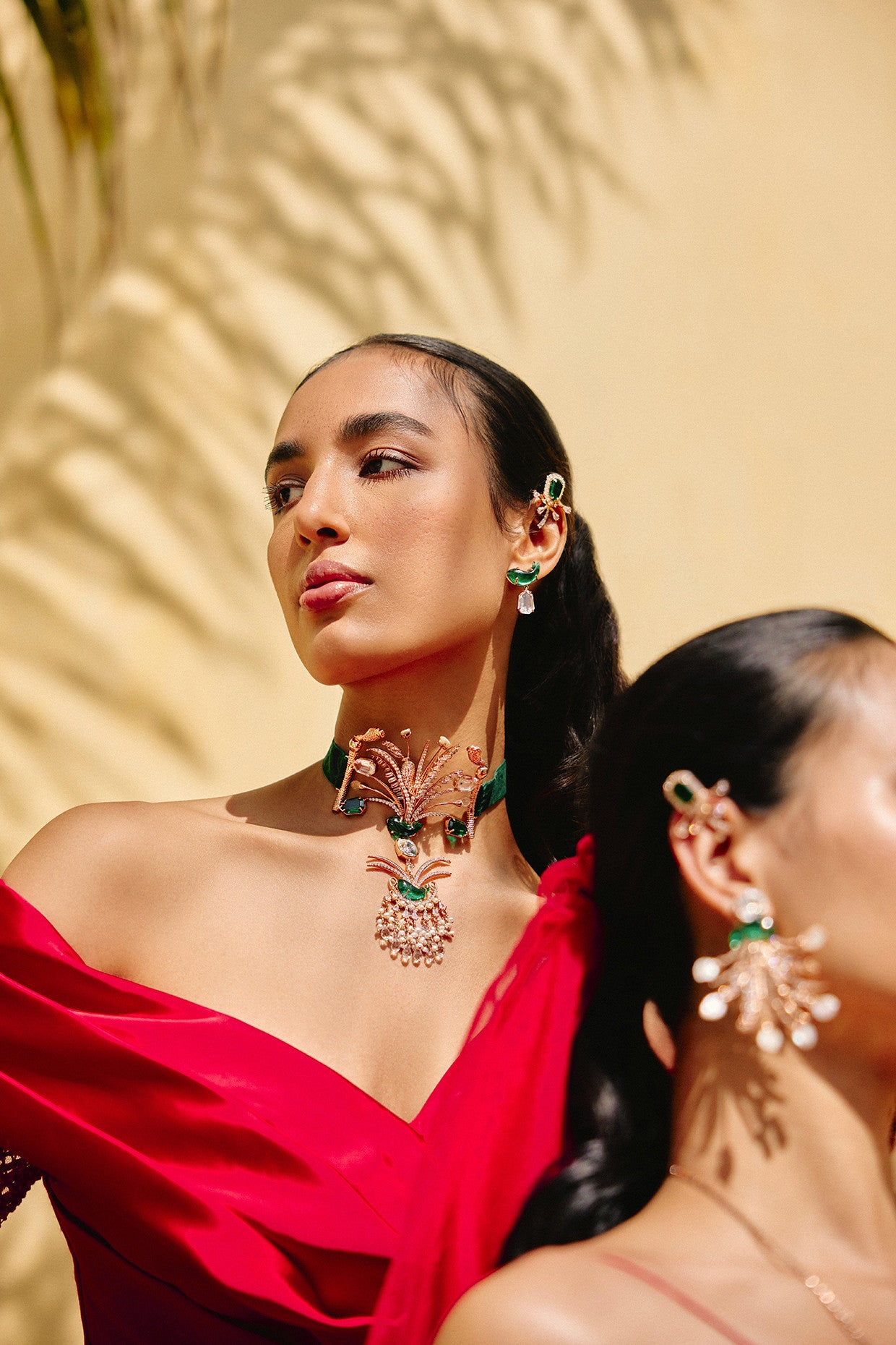 22kt Rose Gold Plated Jade Green and Crystal Drop Earrings