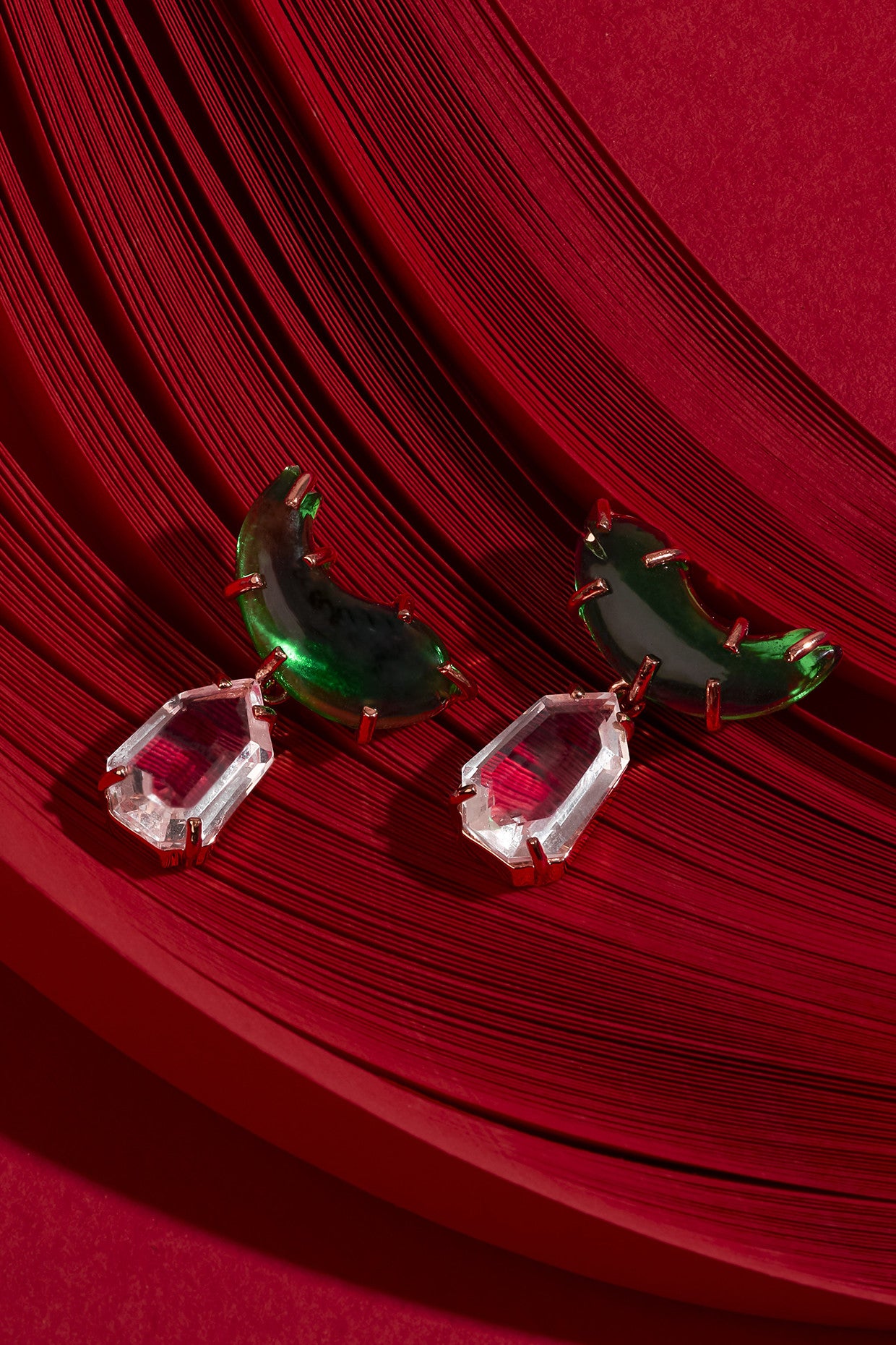 22kt Rose Gold Plated Jade Green and Crystal Drop Earrings