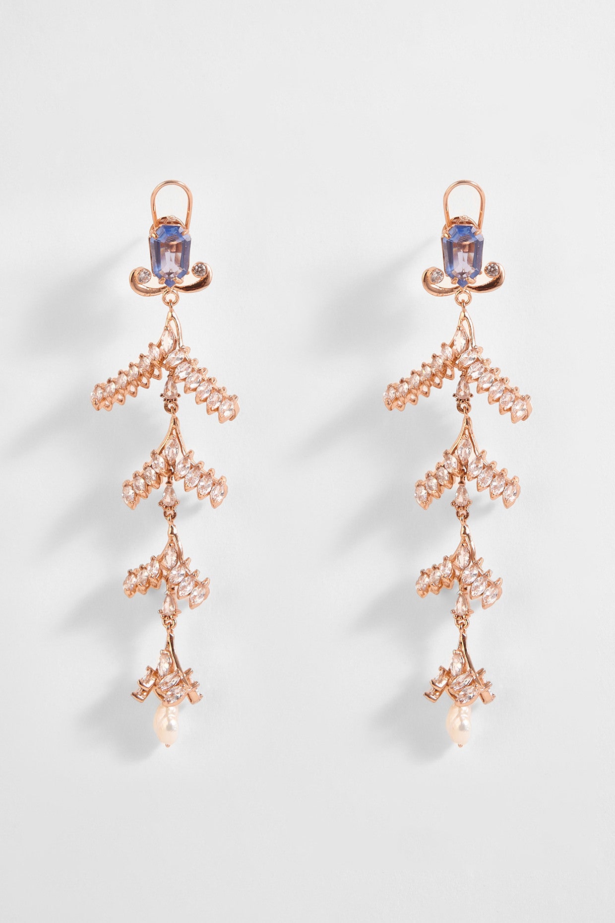 22kt Rose Gold Plated Blue Swarovski and Pearl Dangler Earrings