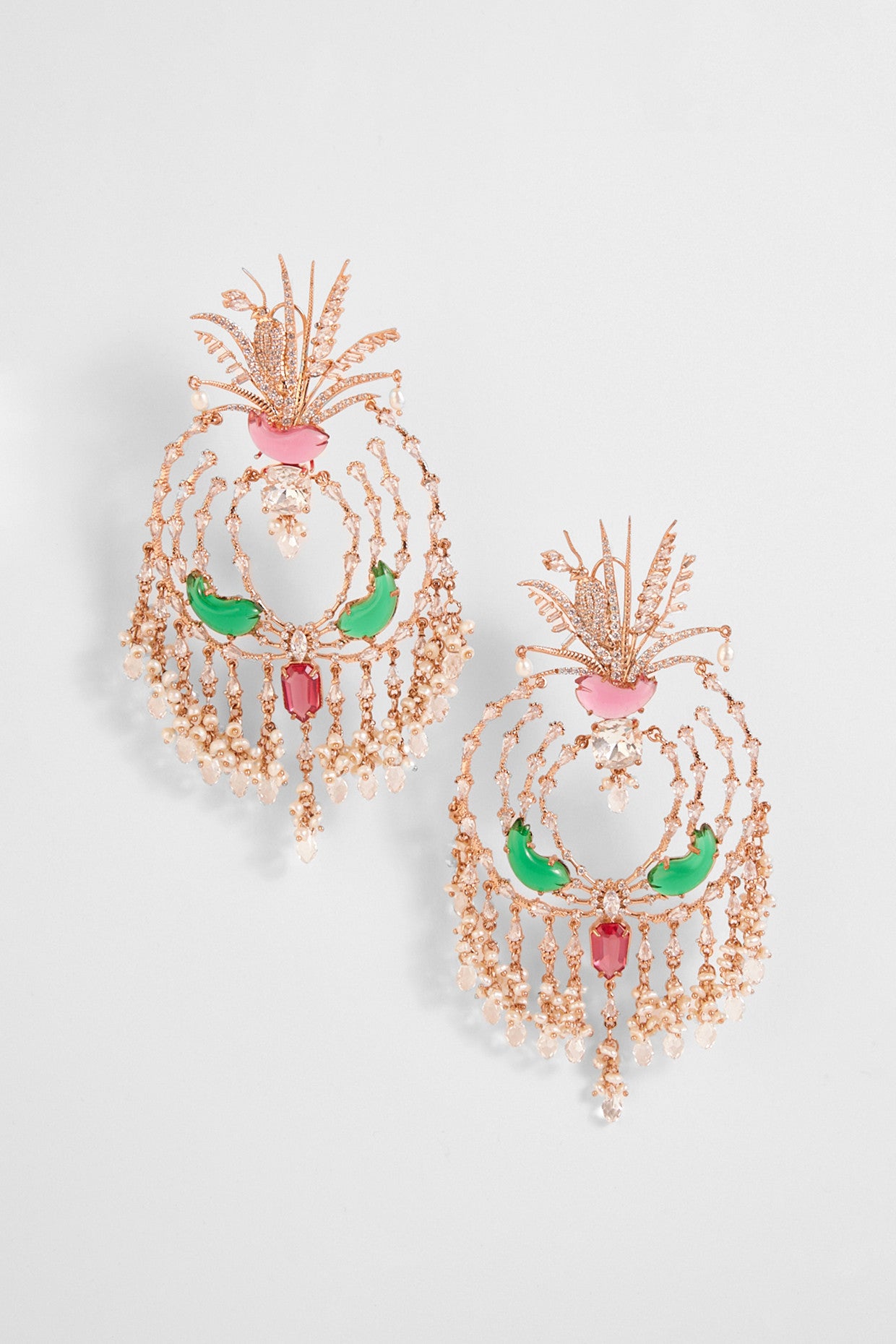 Green and Pink Crystal and Pearl Earrings