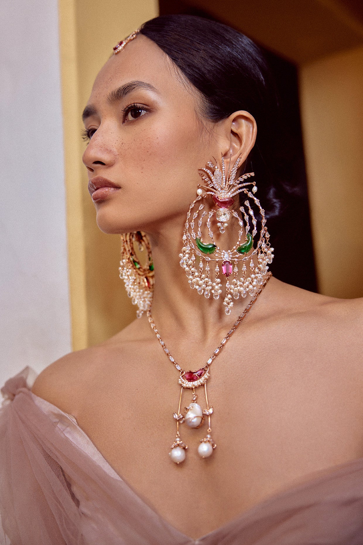 Green and Pink Crystal and Pearl Earrings