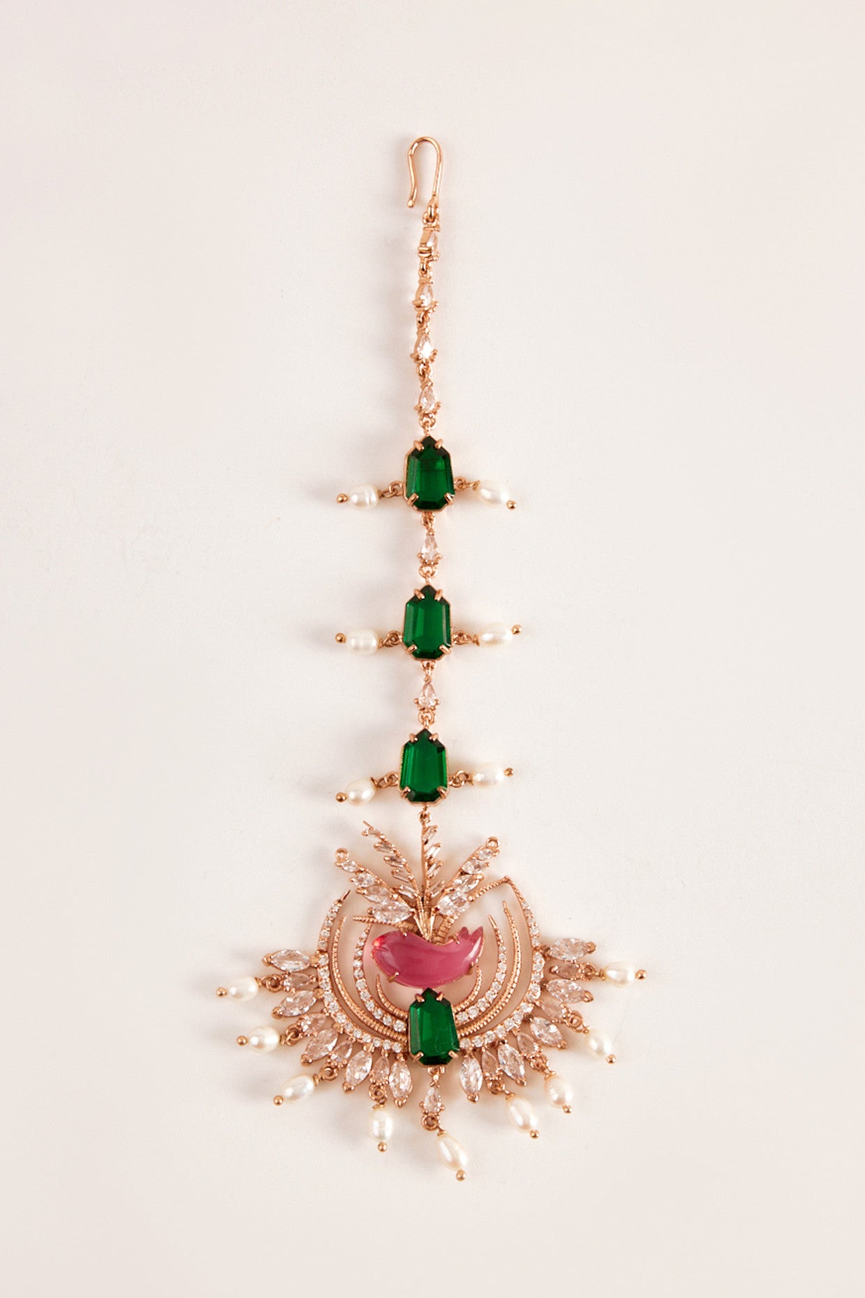 22kt Rose Gold Plated Green and Pink Maang Tikka