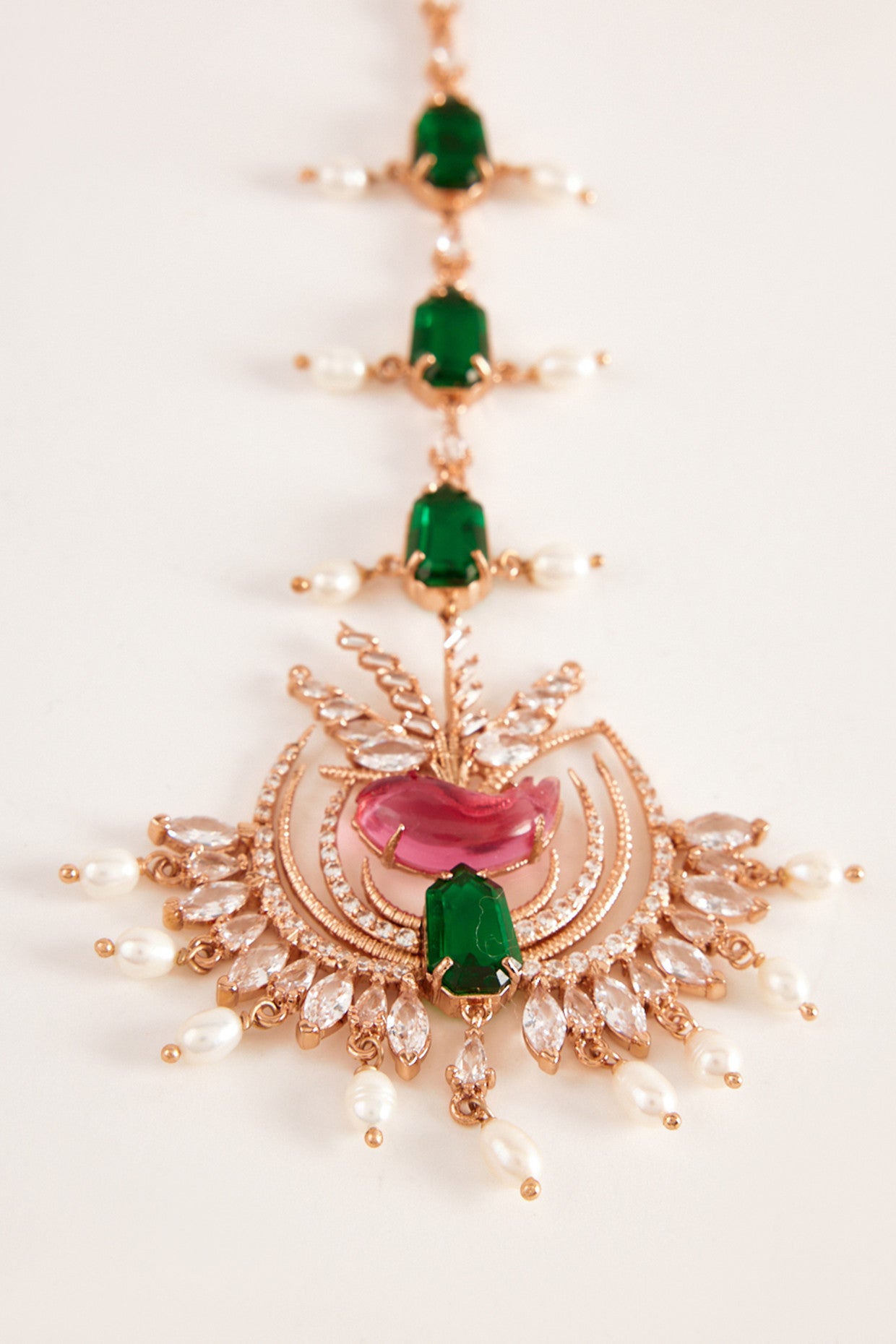 22kt Rose Gold Plated Green and Pink Maang Tikka