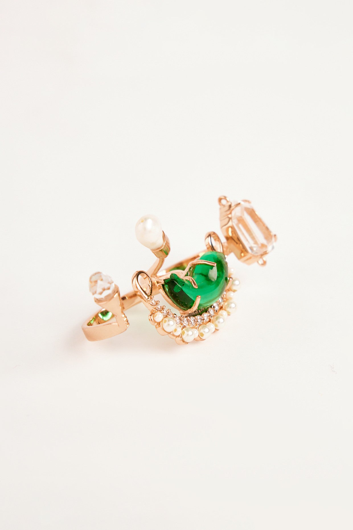 22kt Rose Gold Plated Green Stone and Pearl Double Ring