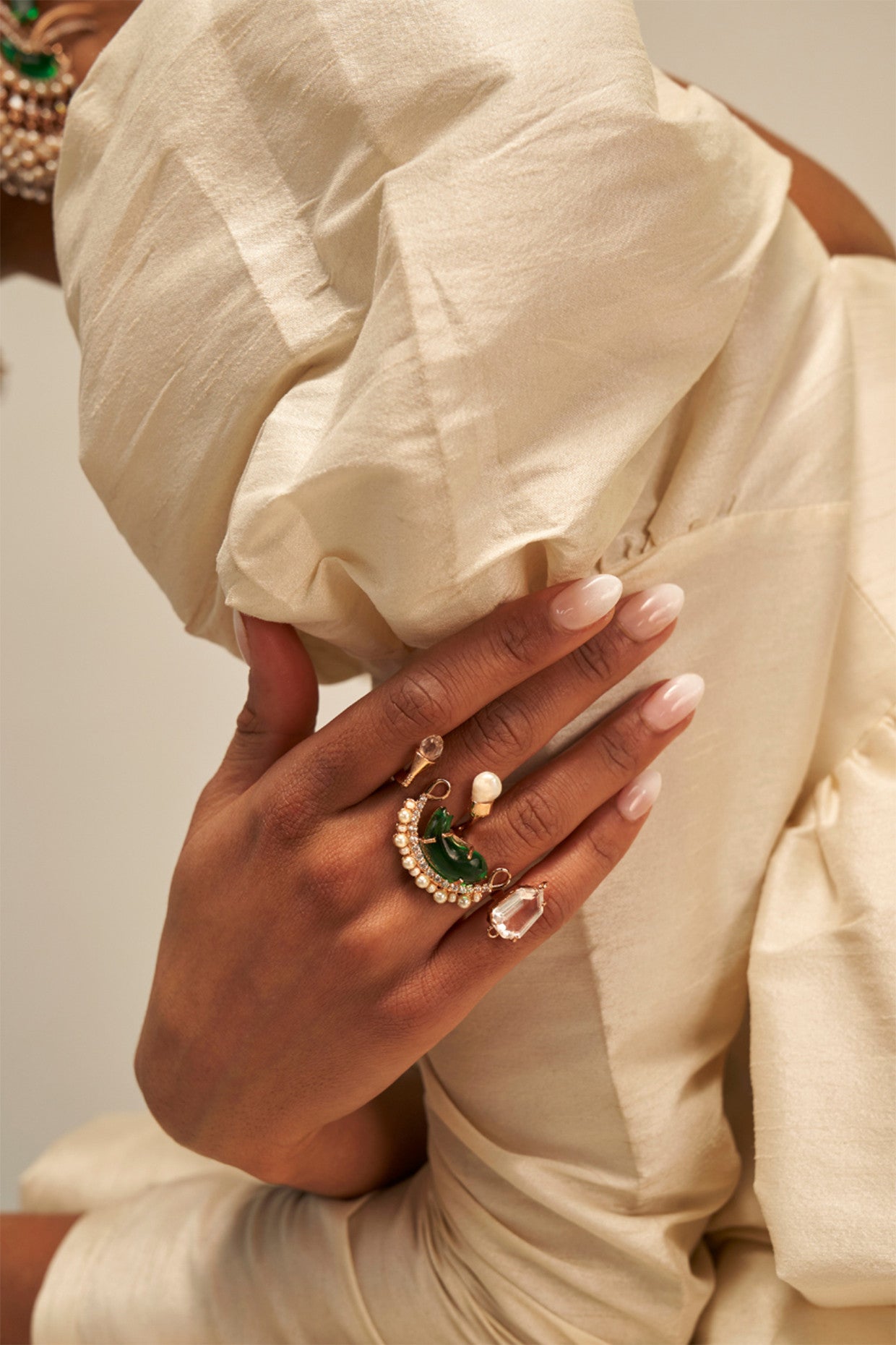 22kt Rose Gold Plated Green Stone and Pearl Double Ring