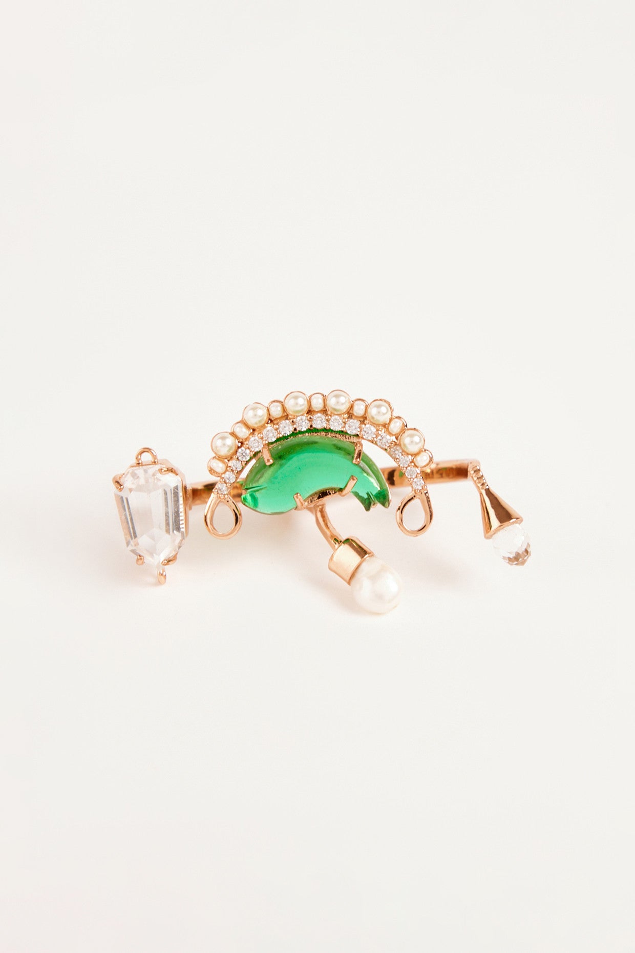 22kt Rose Gold Plated Green Stone and Pearl Double Ring