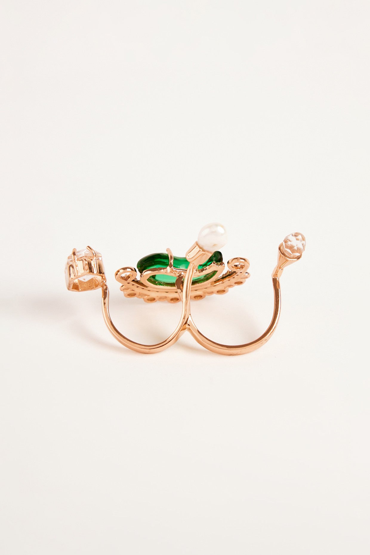 22kt Rose Gold Plated Green Stone and Pearl Double Ring