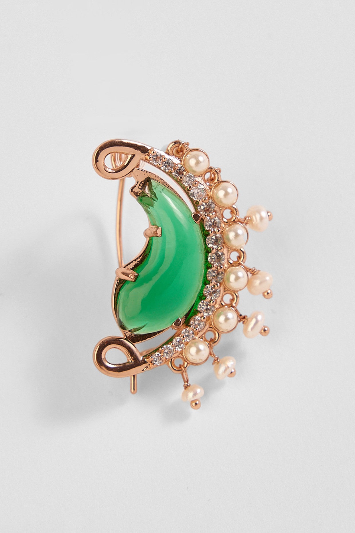 22kt Rose Gold Plated Green Crystal and Pearl Nose Ring