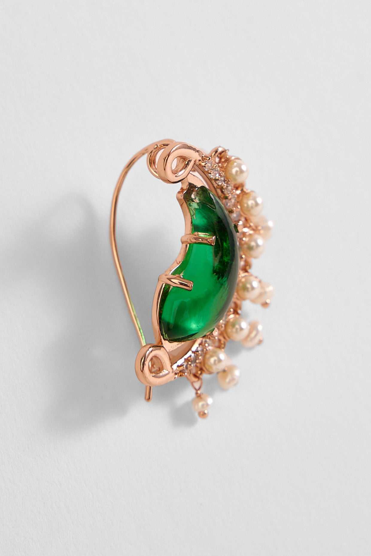 22kt Rose Gold Plated Green Crystal and Pearl Nose Ring