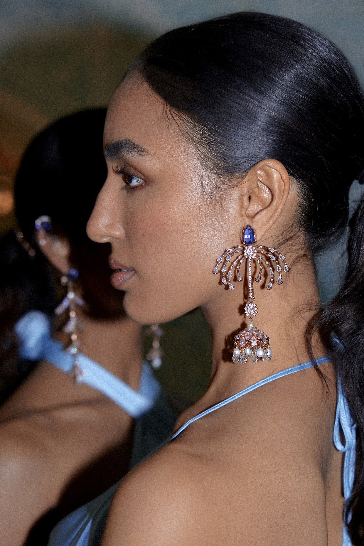 Blue Swarovski and Pearl Chandelier Earrings