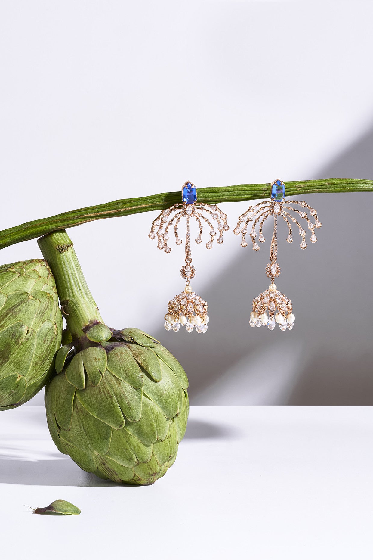 Blue Swarovski and Pearl Chandelier Earrings