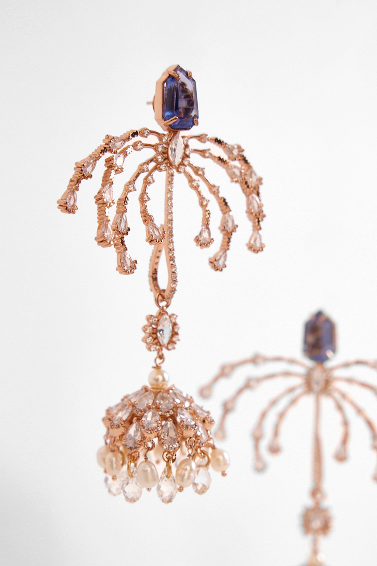 Blue Swarovski and Pearl Chandelier Earrings