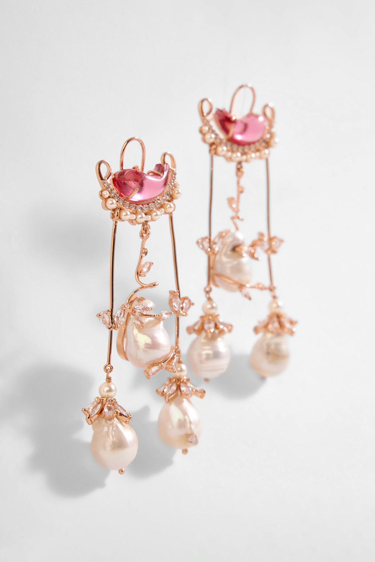 22kt Rose Gold Plated Rose Swarovski and Pearl Dangler Earrings
