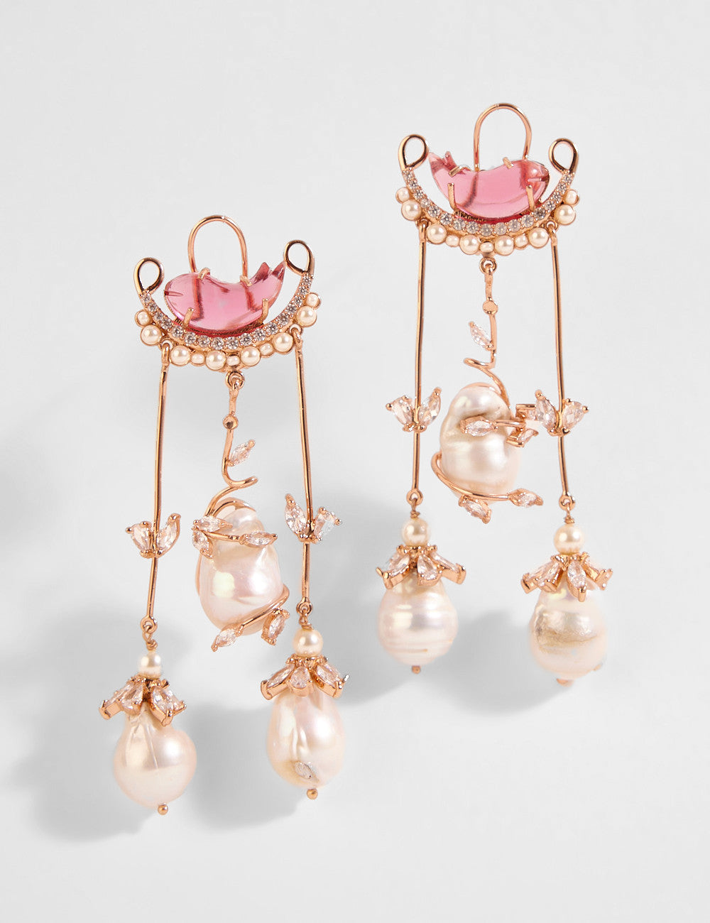 22kt Rose Gold Plated Rose Swarovski and Pearl Dangler Earrings
