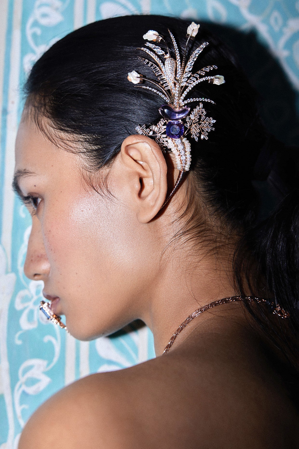 22kt Rose Gold Plated Blue Swarovski and Zircon Brooch