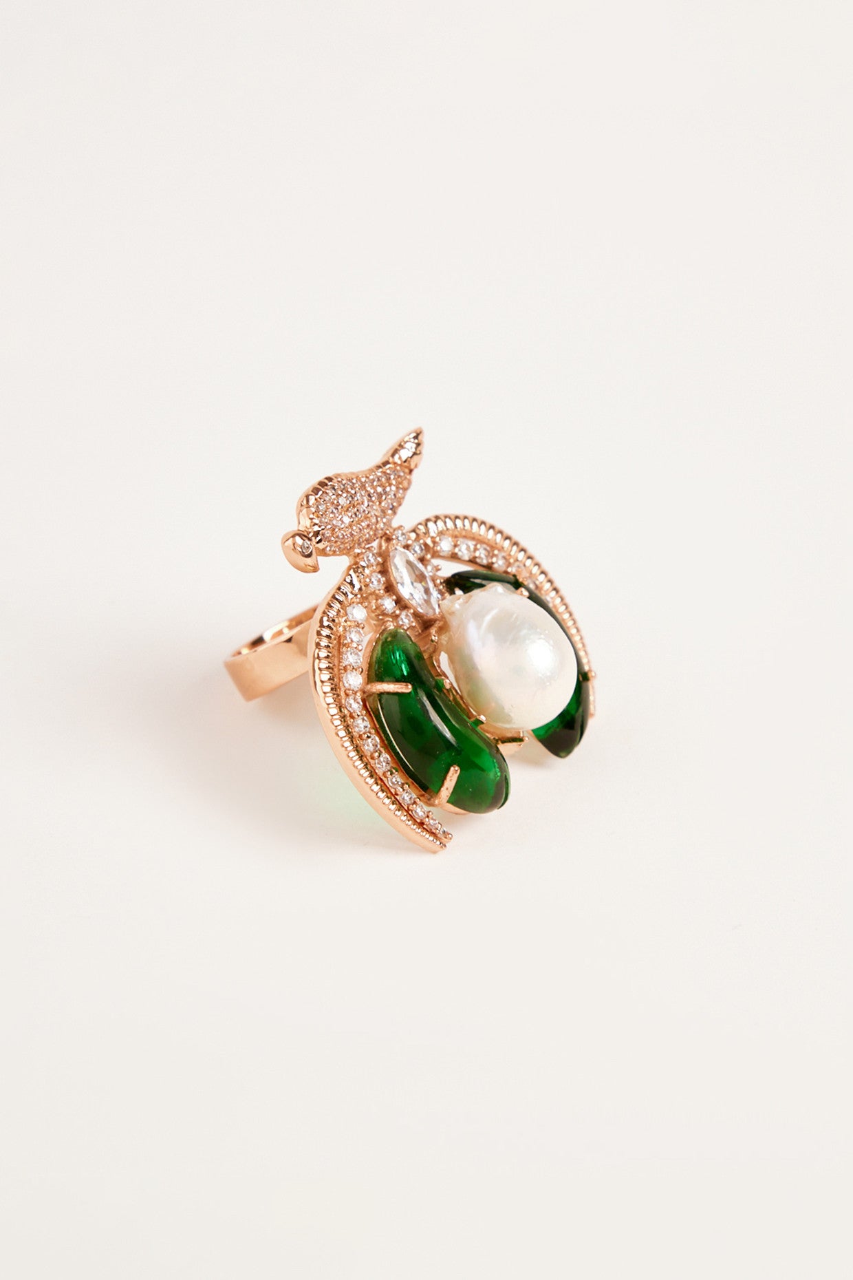 22kt Rose gold Plated Emerald Green Crystal and Pearl Ring