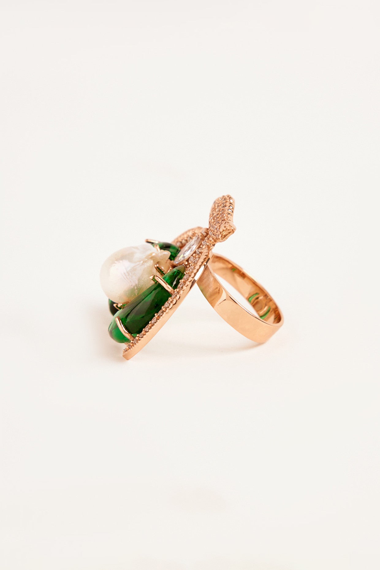 22kt Rose gold Plated Emerald Green Crystal and Pearl Ring