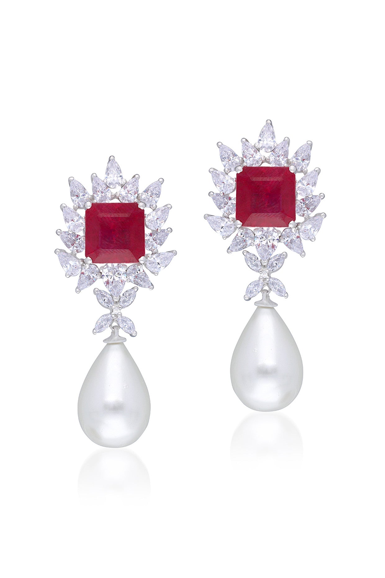 Man Made Red Ruby With White Korean Pearl and White Swarovski Zirconia Earrings
