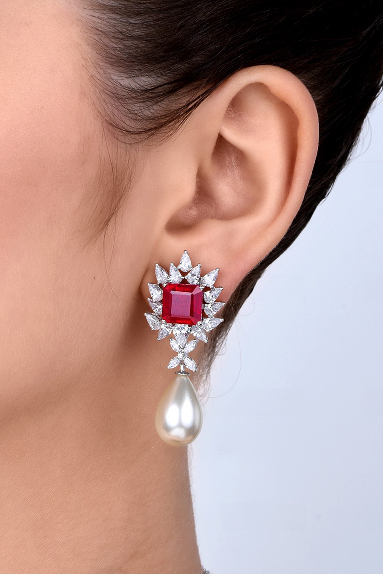 Man Made Red Ruby With White Korean Pearl and White Swarovski Zirconia Earrings