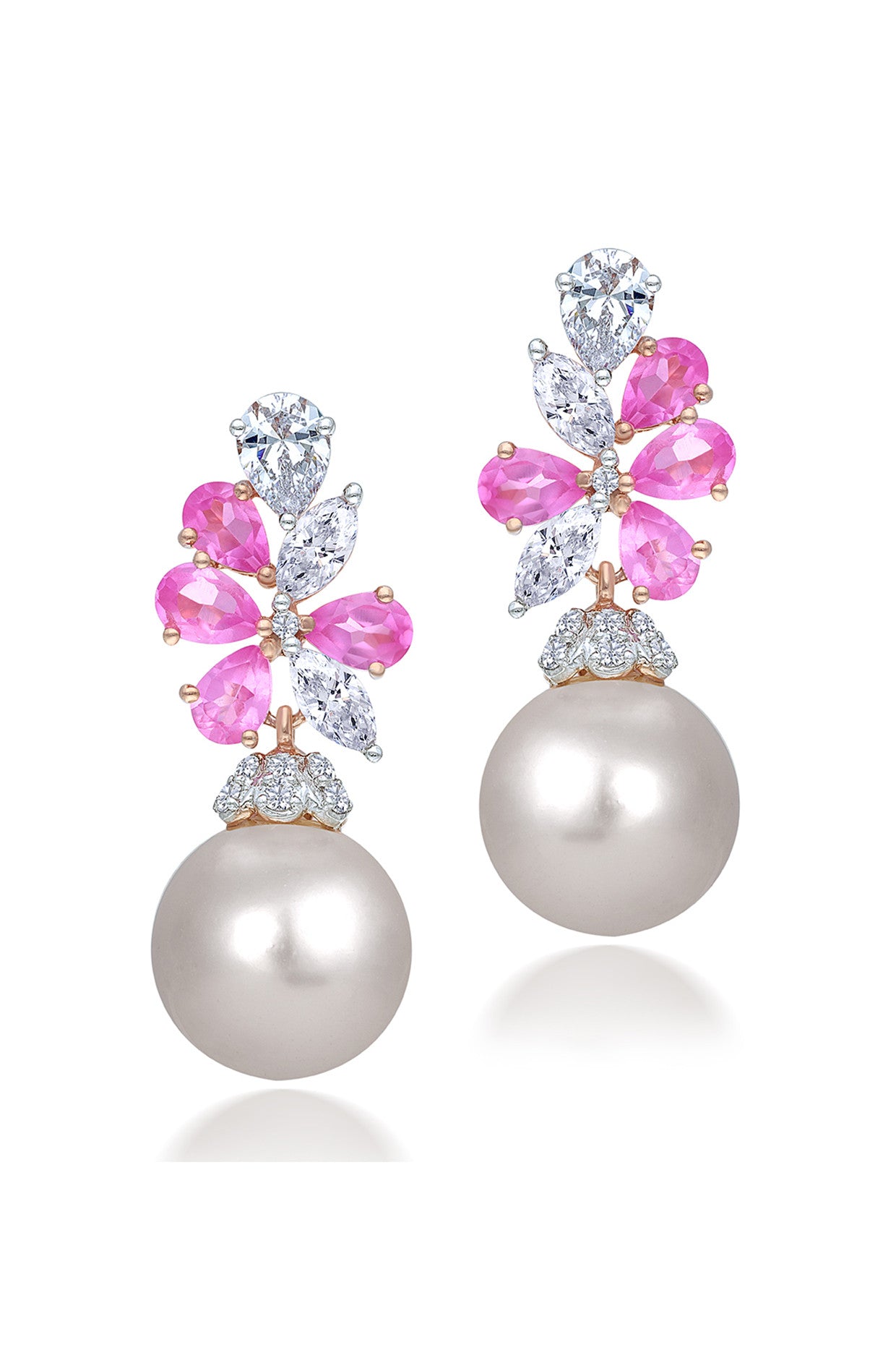Pear Cut Pink and White Swarovski Zirconia With White Koreal Pearl Earrings