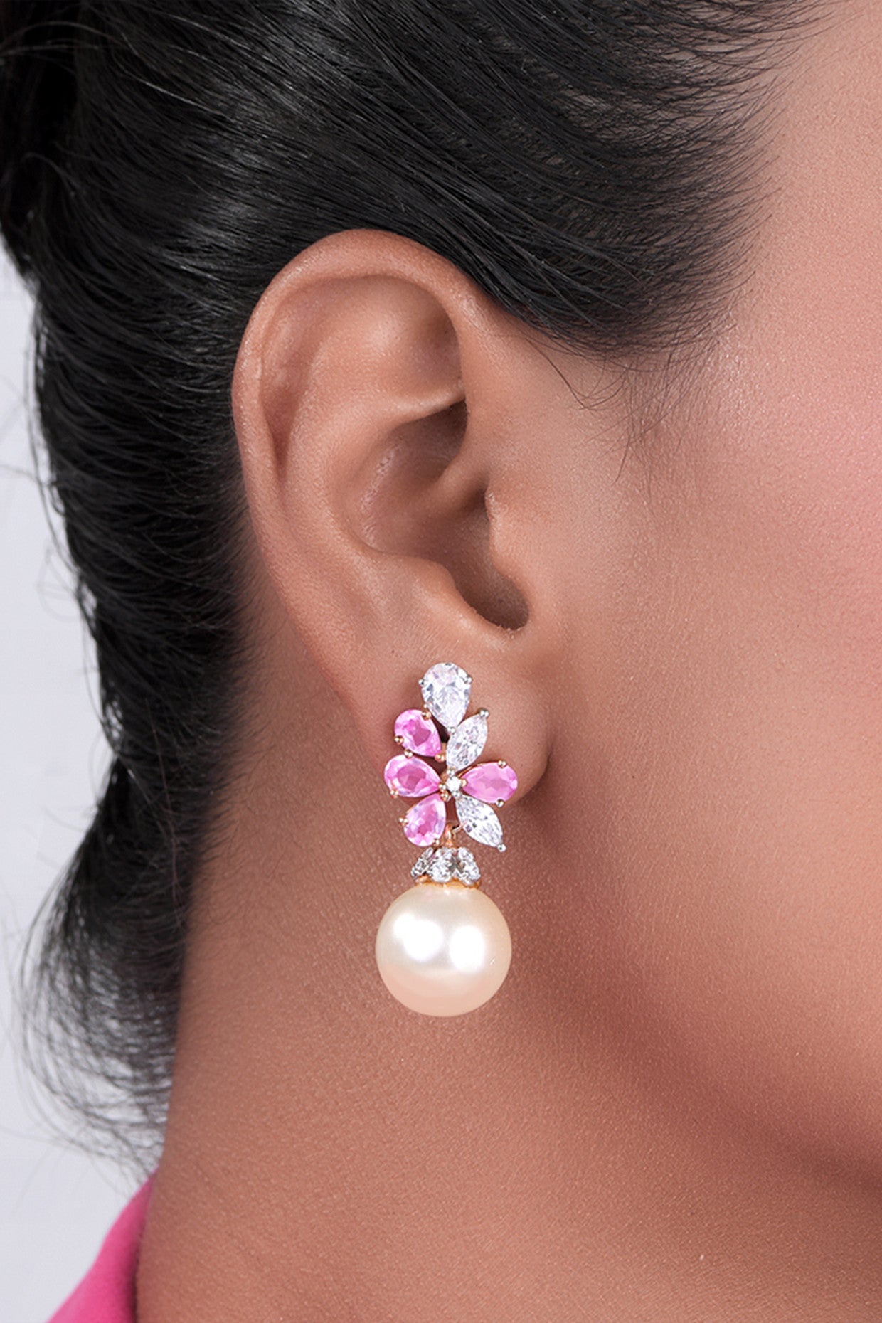 Pear Cut Pink and White Swarovski Zirconia With White Koreal Pearl Earrings