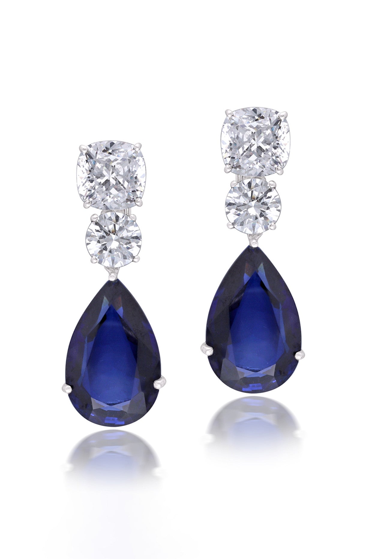 Man Made Pear Cut Blue Sapphire and White Swarovski Zirconia Classic Earrings