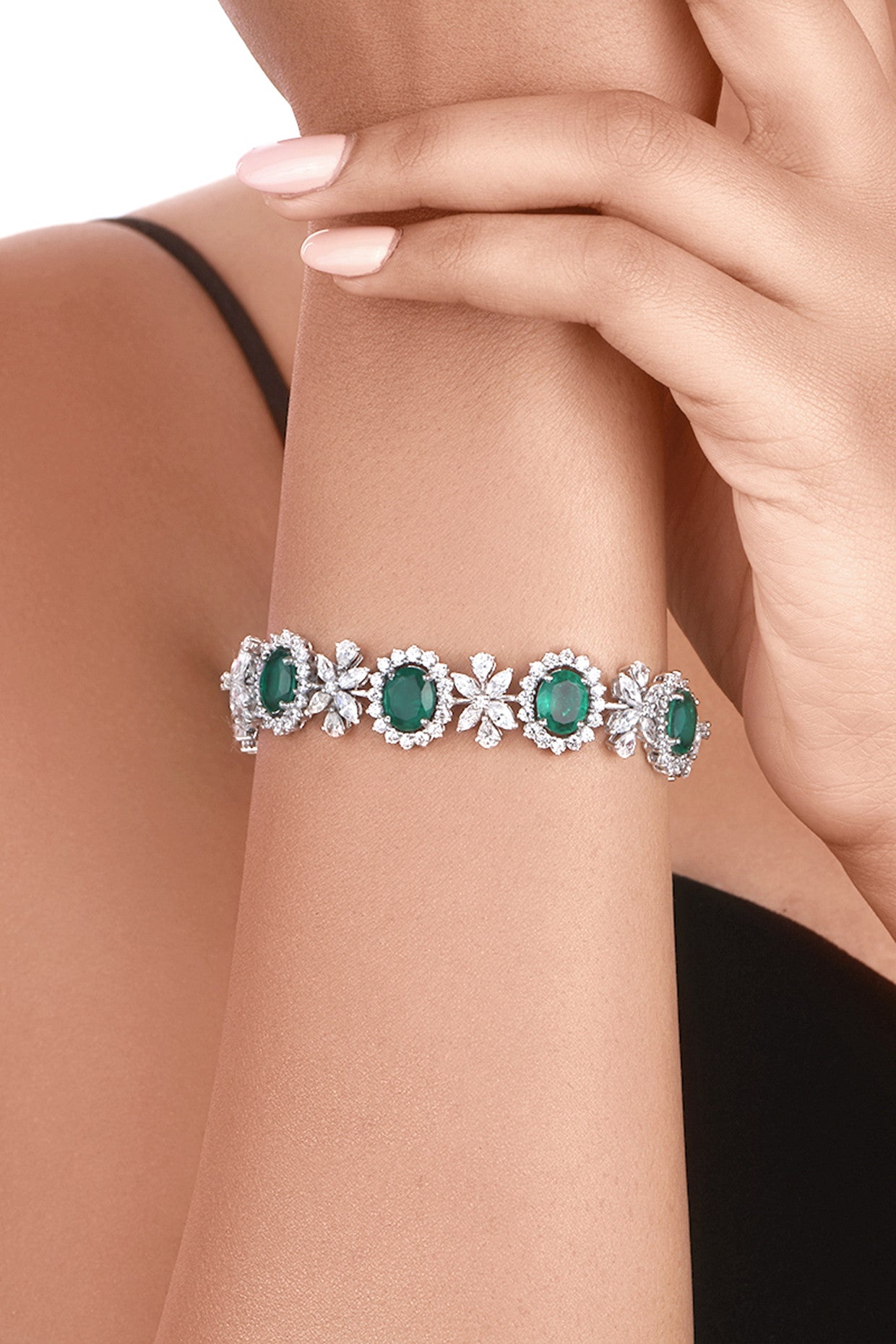 Man Made Oval Cut Emerald and White Swarovski Zirconia Cuff Bracelet