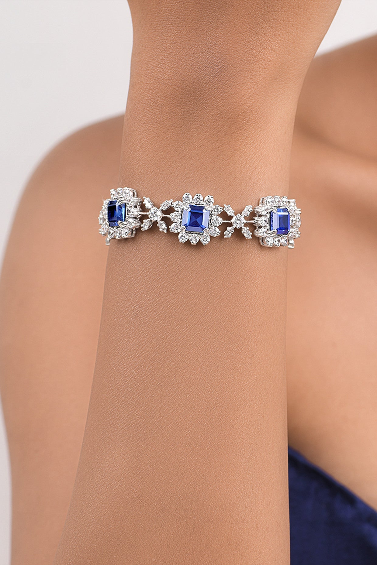 Man Made Princess Cut Sapphire and white Swarovski Zirconia Cuff Bracelet