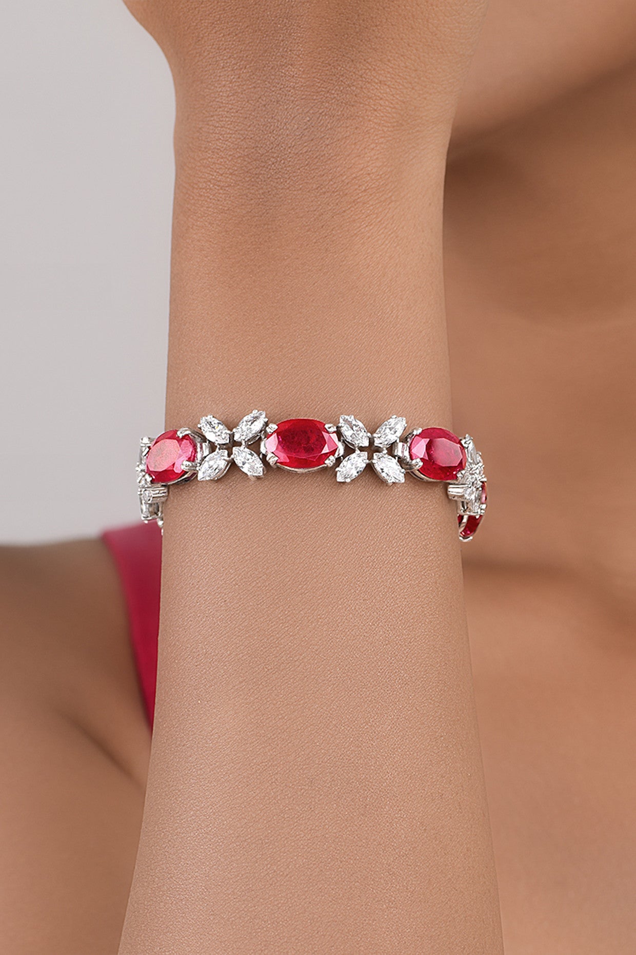 Man- made Oval Cut Ruby and White Swarovski Zirconia Cuff Bracelet