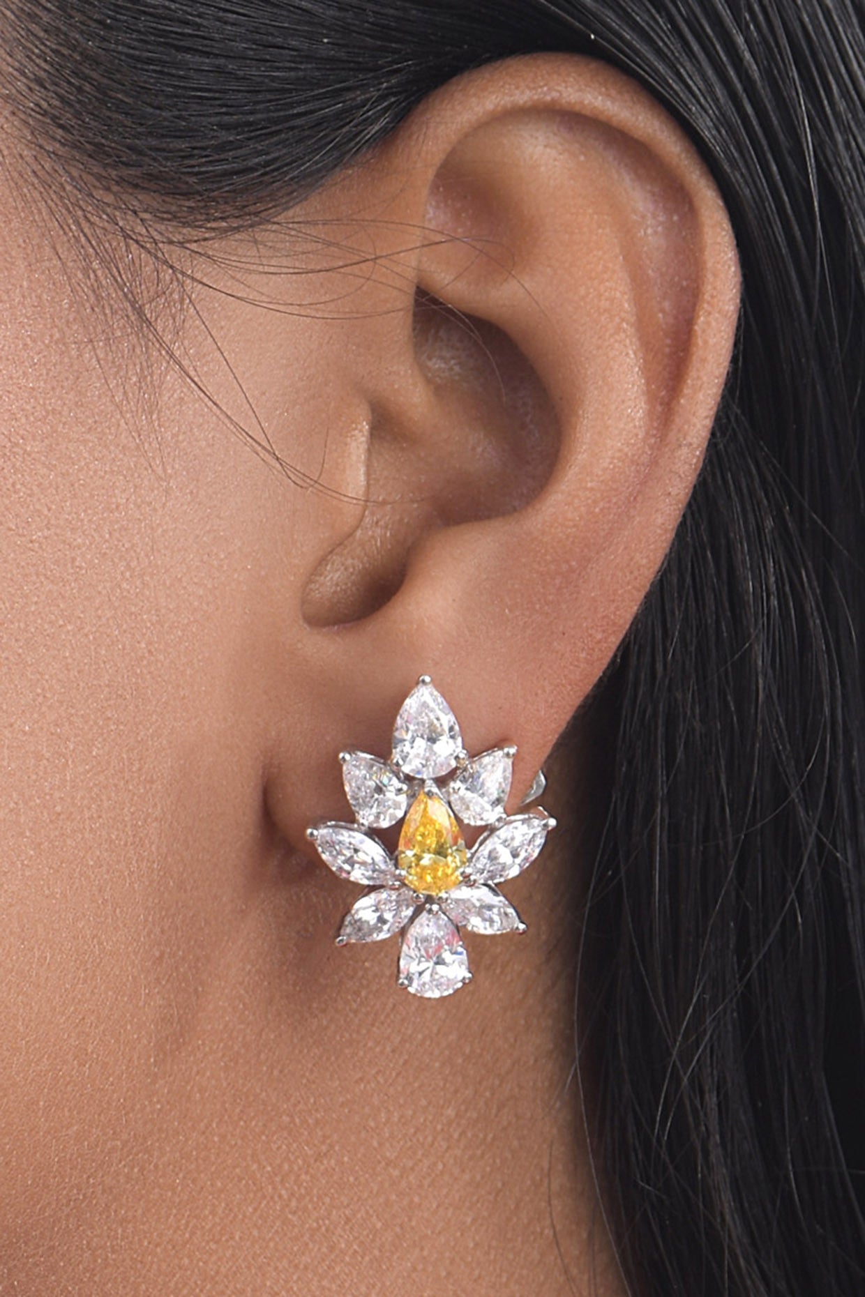 Yellow Pear and White Swarovski Zirconia Earrings