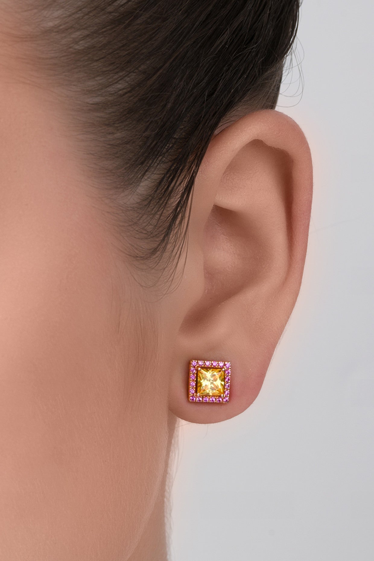 Princess Cut Yellow and Pink Swarovski Zirconia Studs