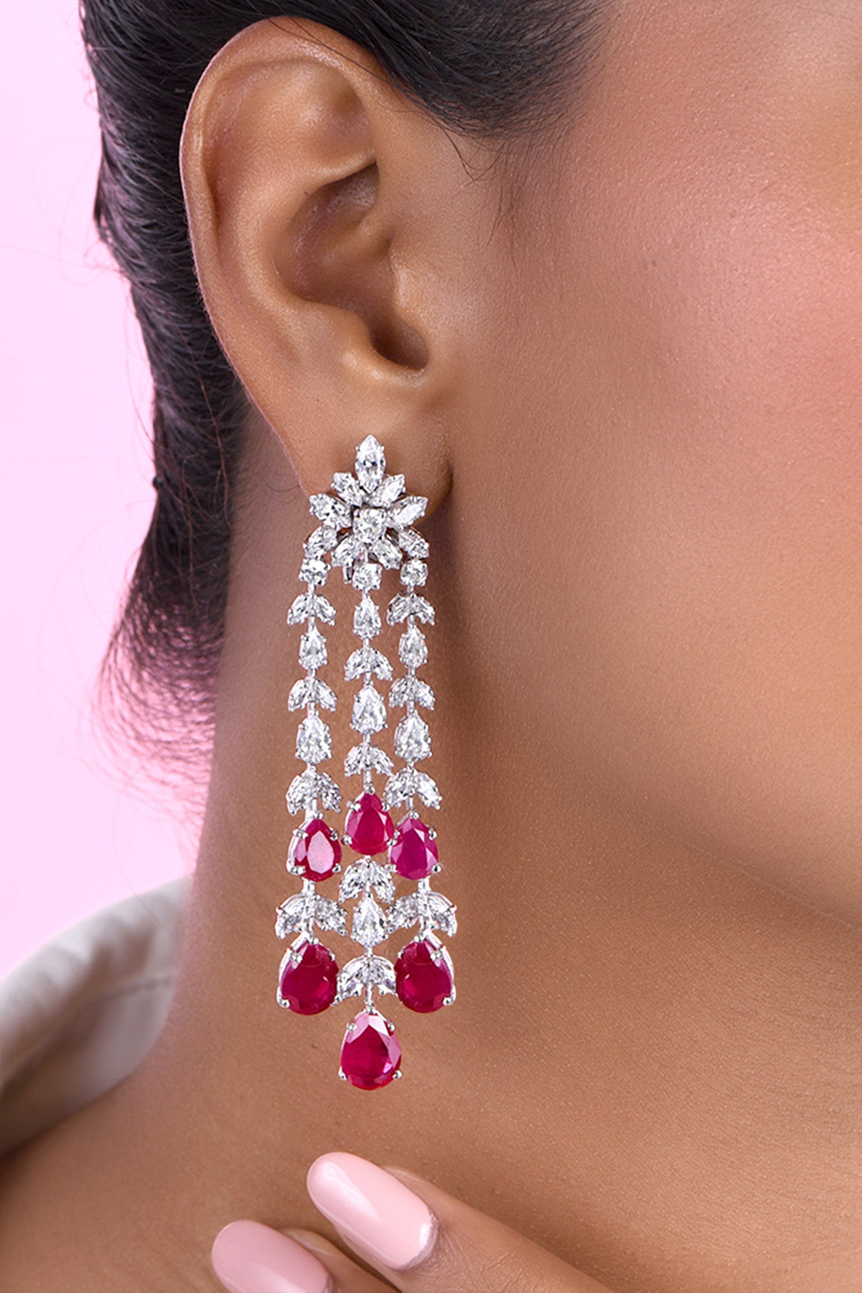 Man Made Pear Cut Ruby and Mix Shaped White Swarovski Zirconia Earrings
