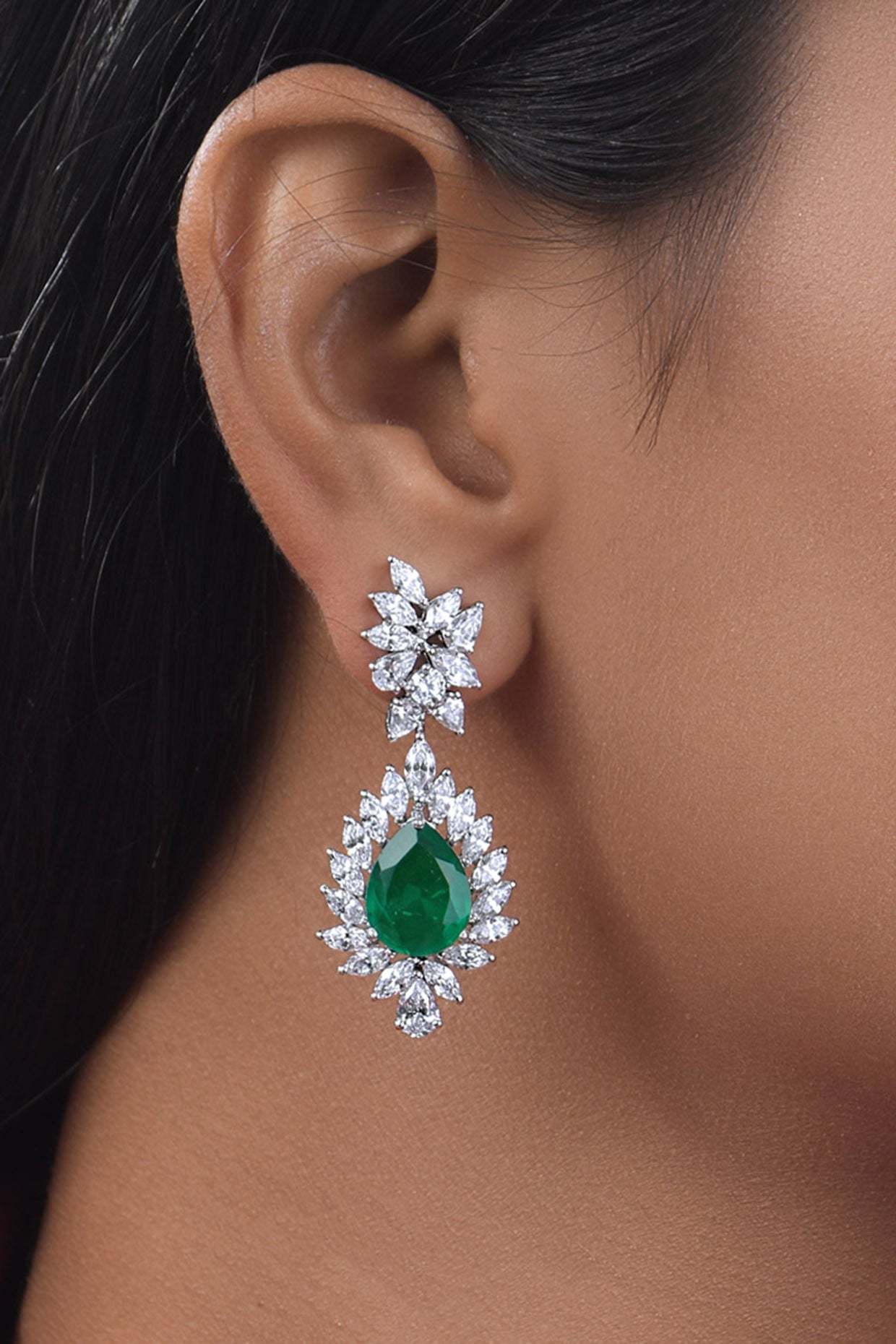 Man Made Pear Cut Emerald and White Swarovski Zirconia Earrings