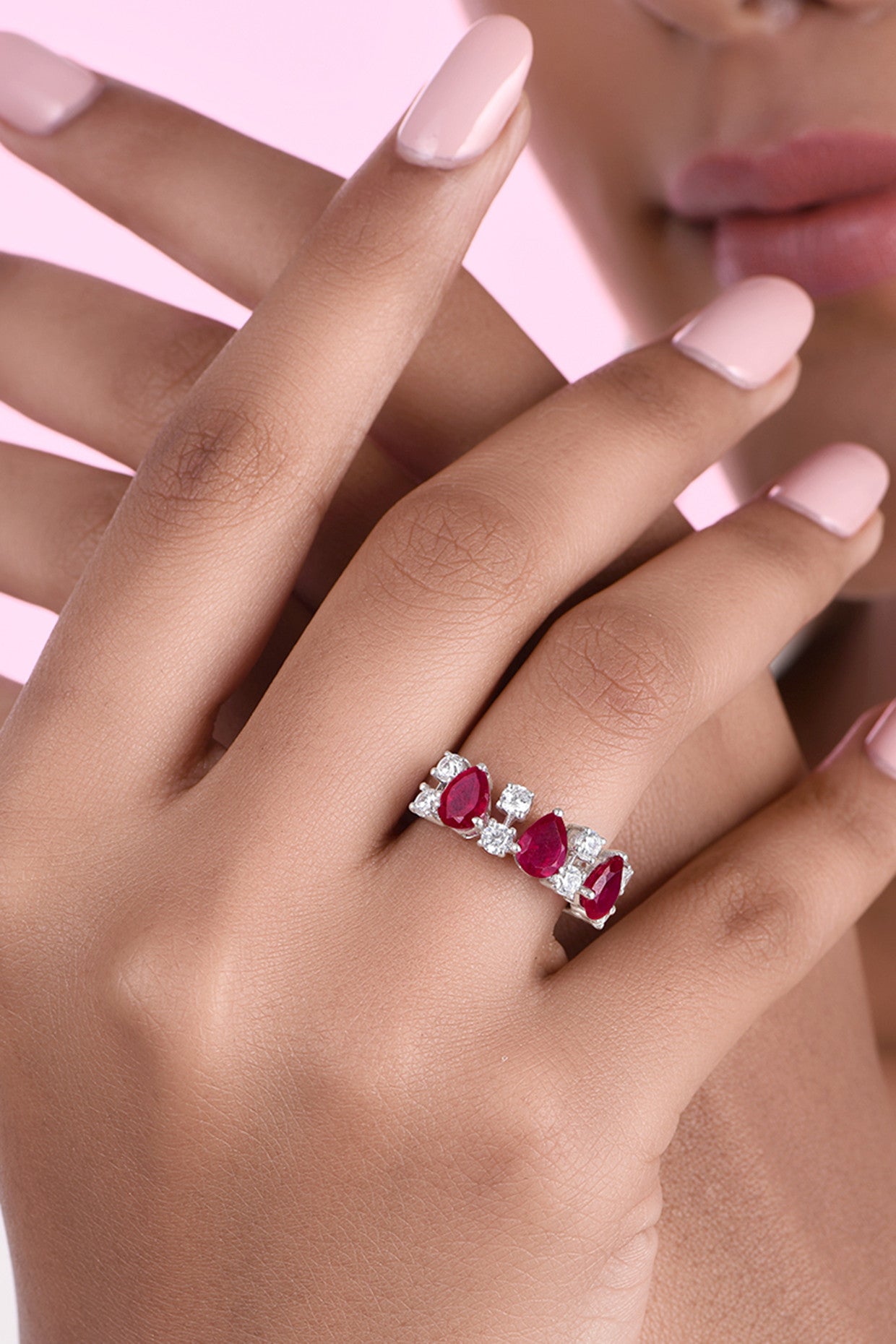 Man Made Pear Cut Ruby and Swarovski Zirconia Half Eternity Ring