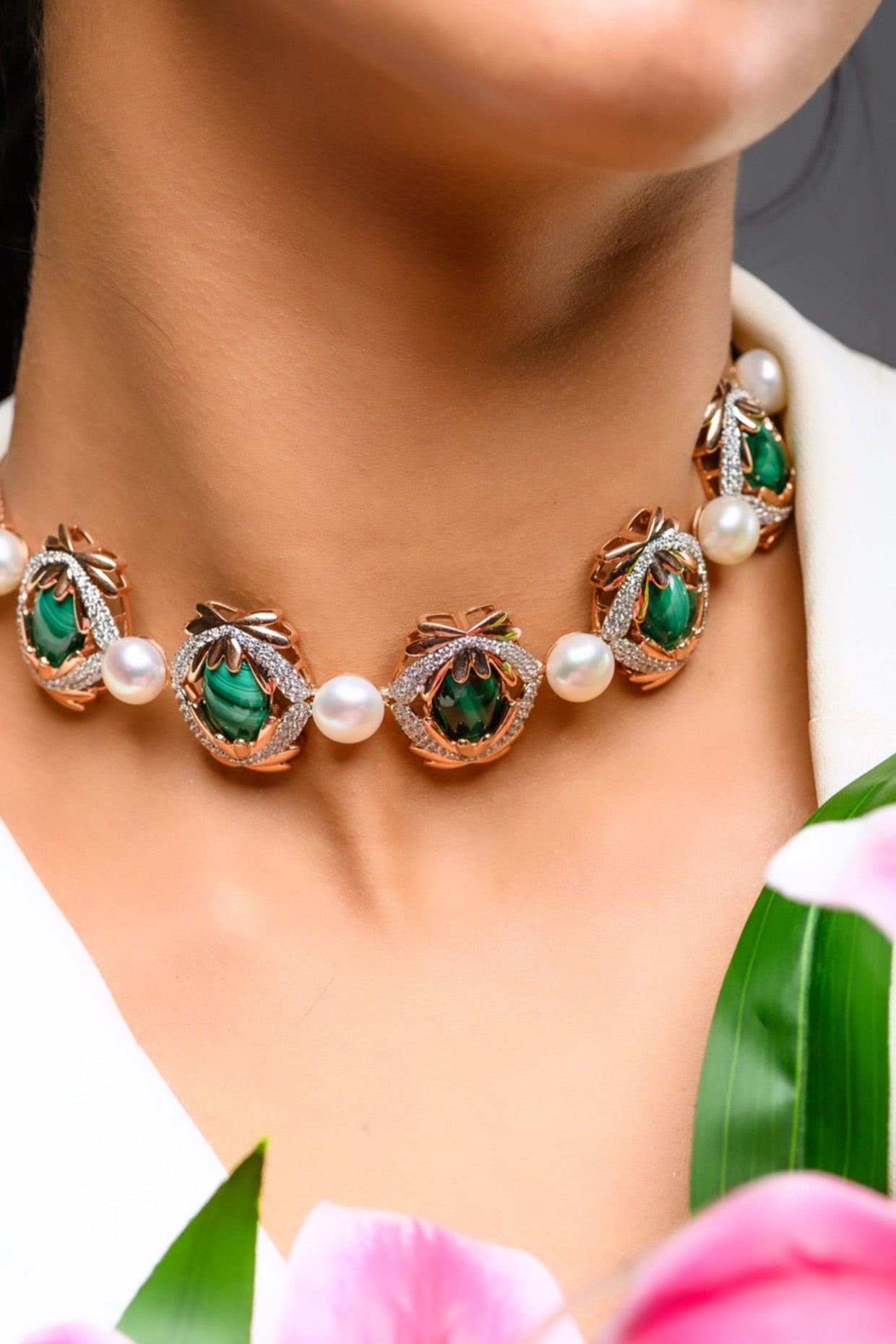 Amaryllis Necklace Malachite & Freshwater Pearls in Sterling Silver