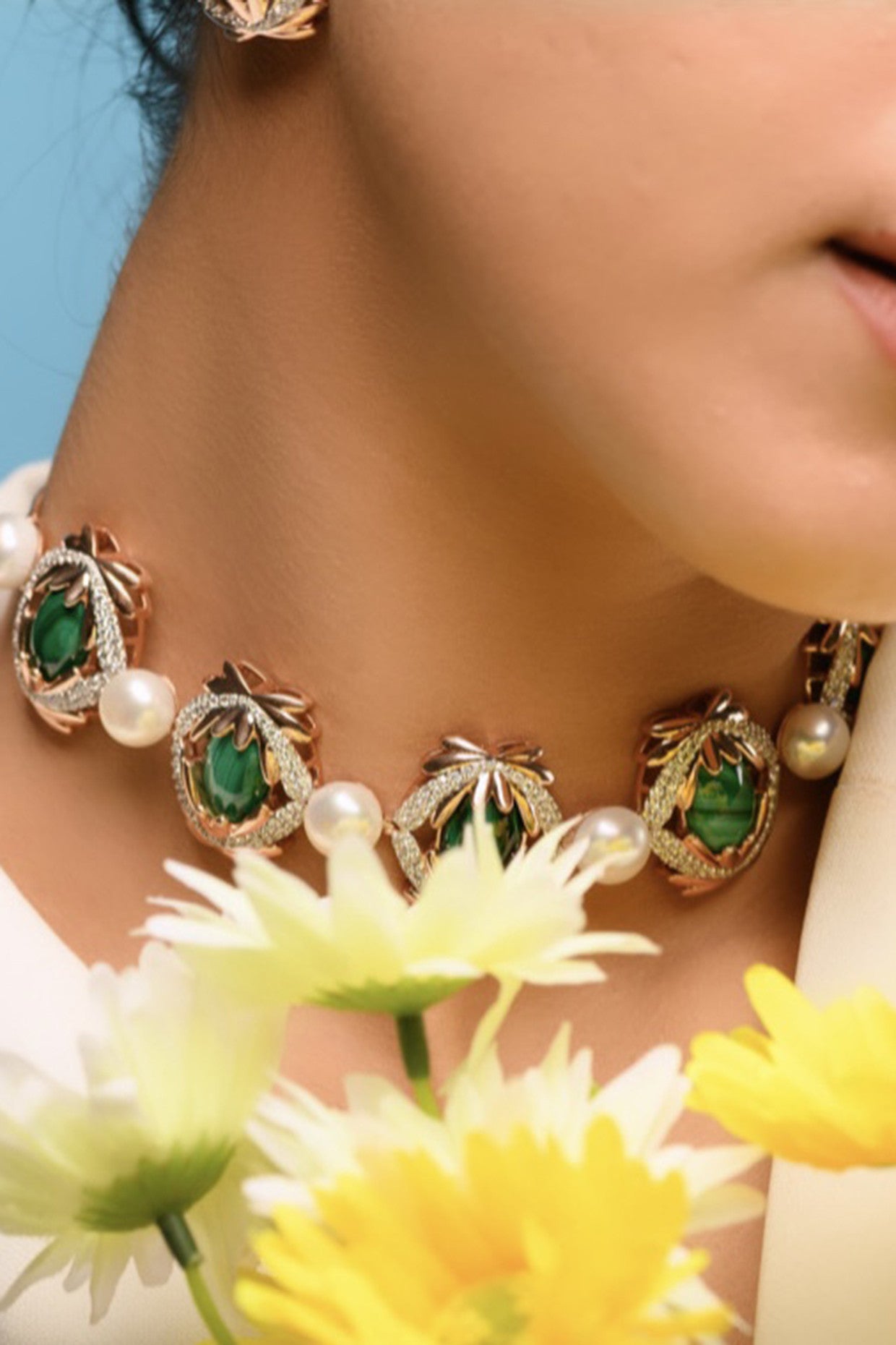 Amaryllis Necklace Malachite & Freshwater Pearls in Sterling Silver