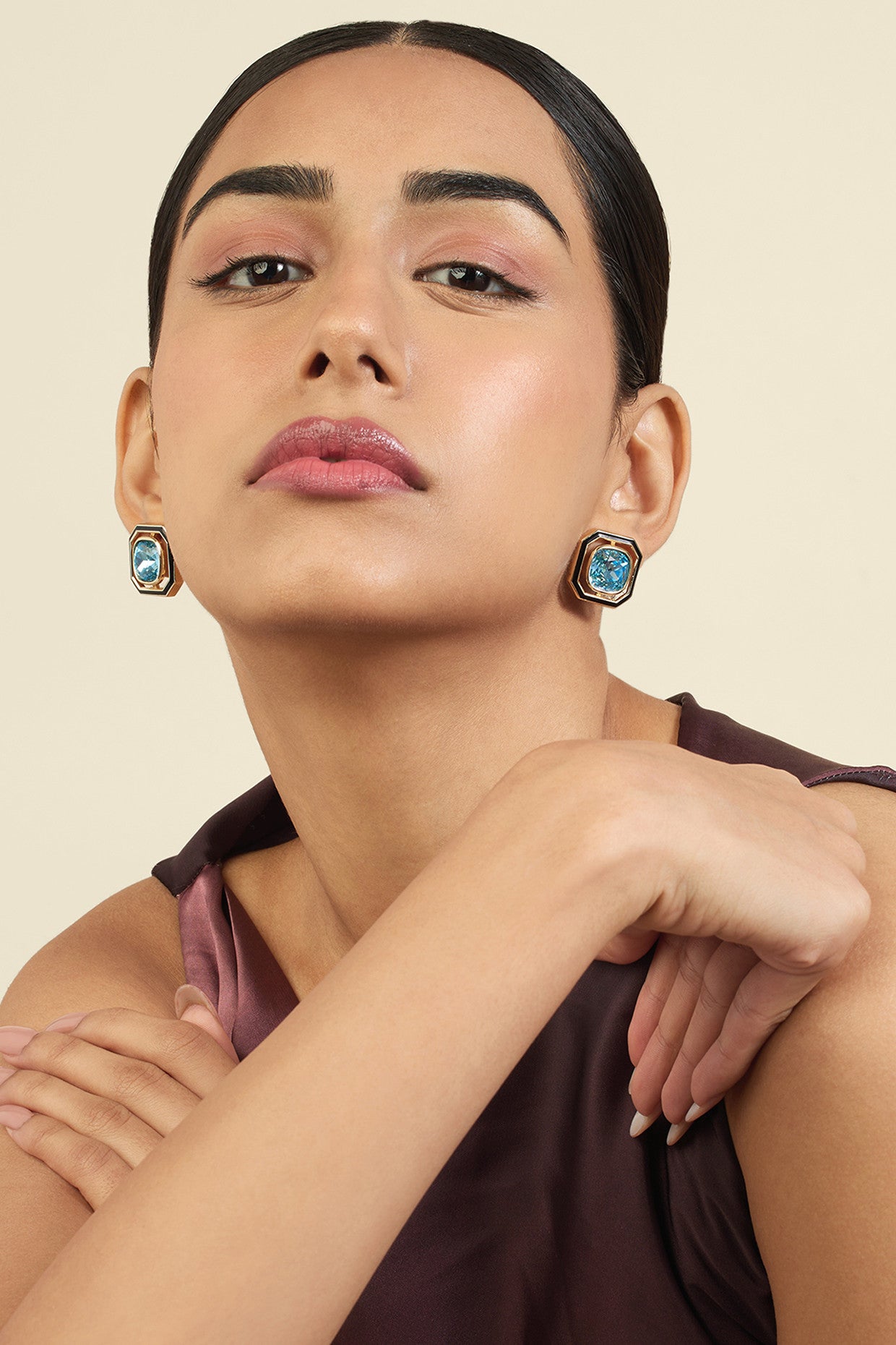 Aqua Goals Square Studs 18Kt Gold Plated